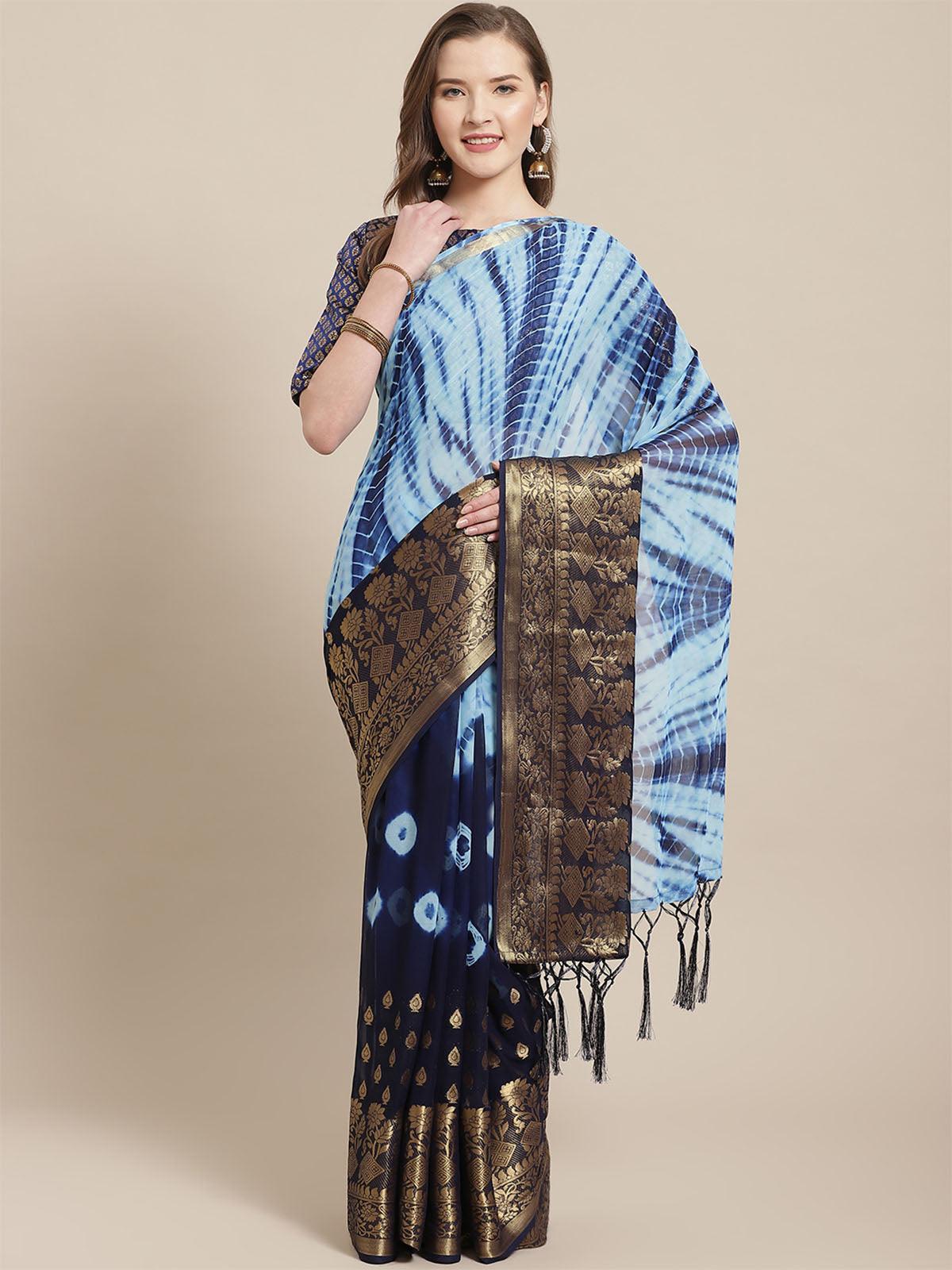 Women's Navy Blue Festive Georgette Woven Saree With Unstitched Blouse - Odette