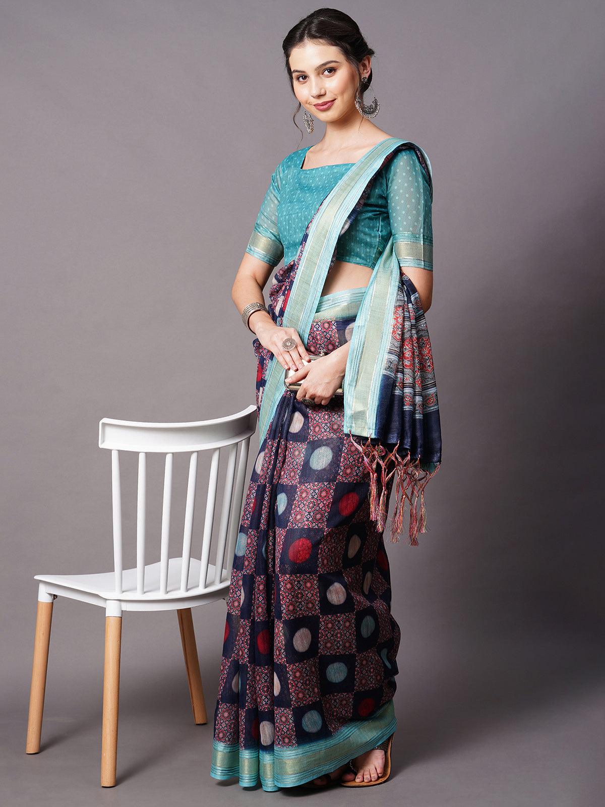 Women's Navy Blue Festive Linen Blend Printed Saree With Unstitched Blouse - Odette