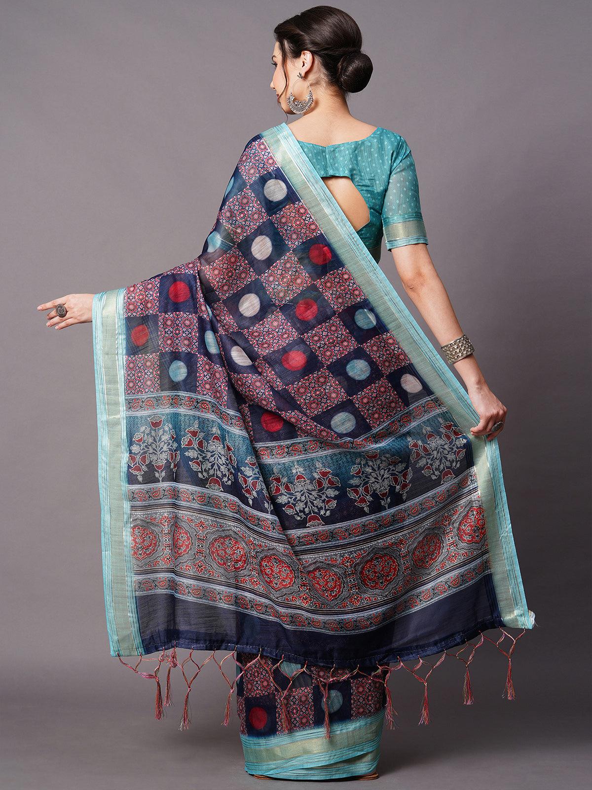 Women's Navy Blue Festive Linen Blend Printed Saree With Unstitched Blouse - Odette