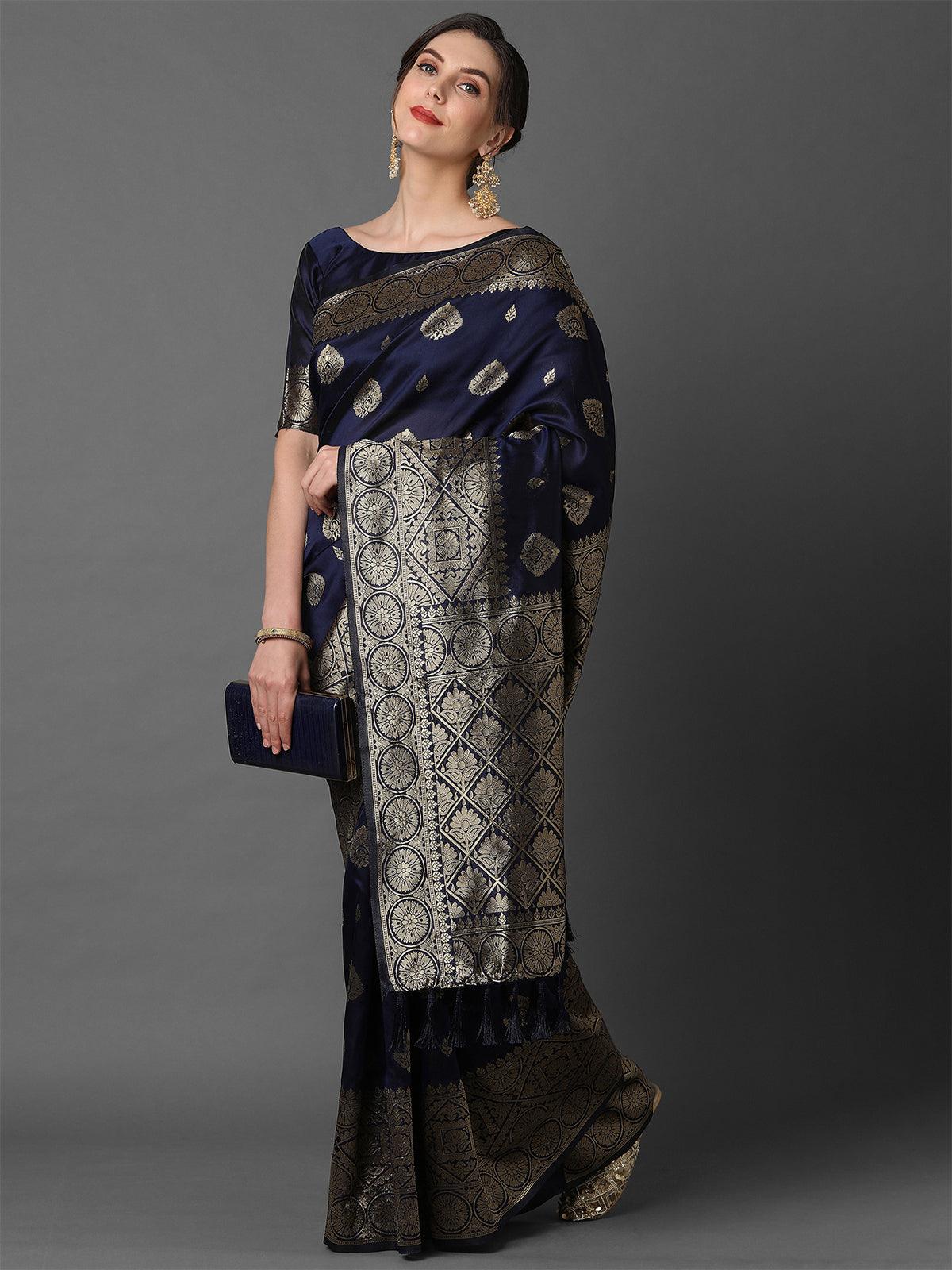 Women's Navy Blue Festive Silk Blend Woven Design Saree With Unstitched Blouse - Odette
