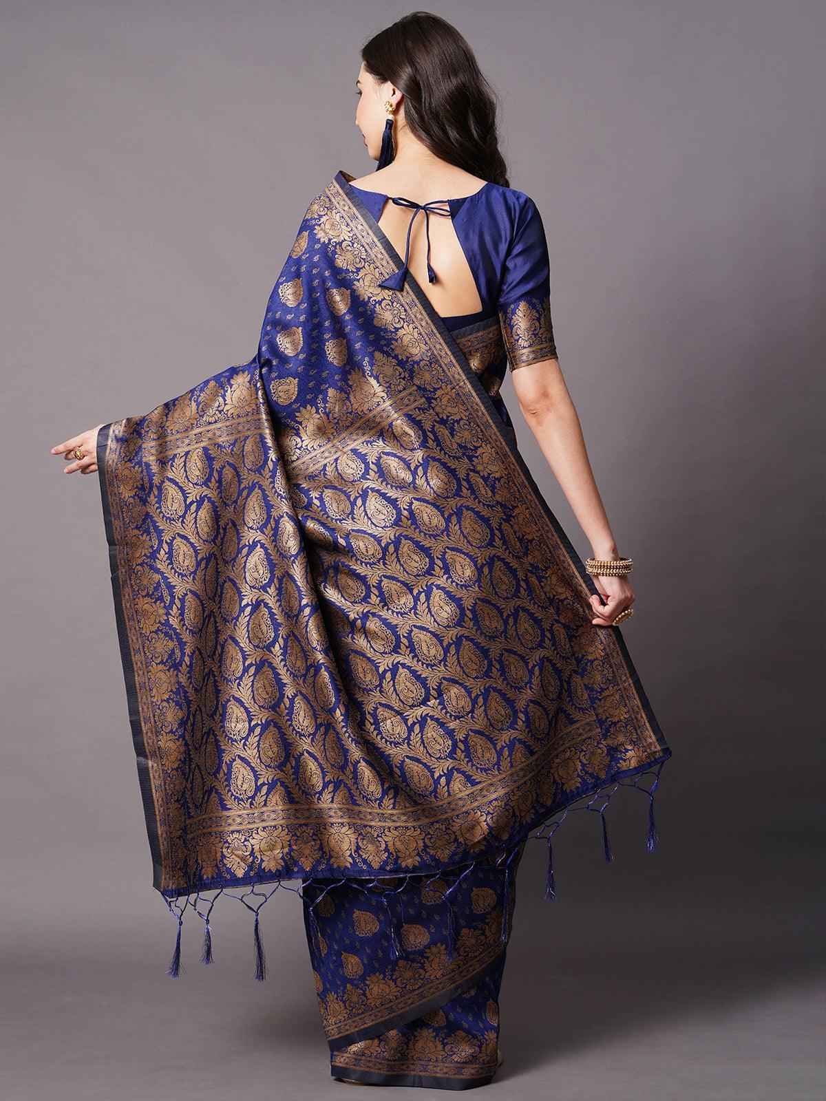 Women's Navy Blue Festive Silk Blend Woven Design Saree With Unstitched Blouse - Odette