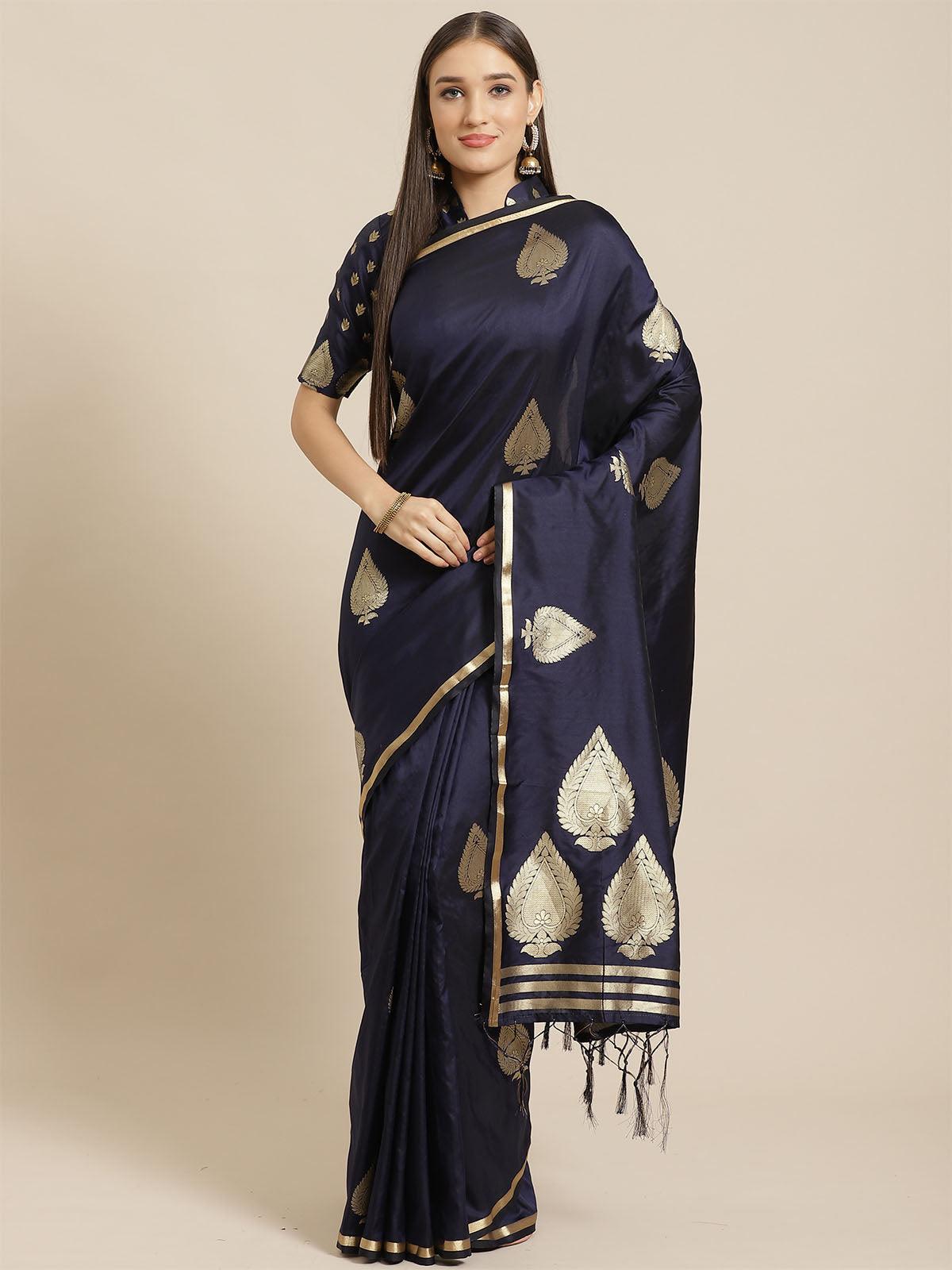 Women's Navy Blue Festive Silk Blend Woven Saree With Unstitched Blouse - Odette