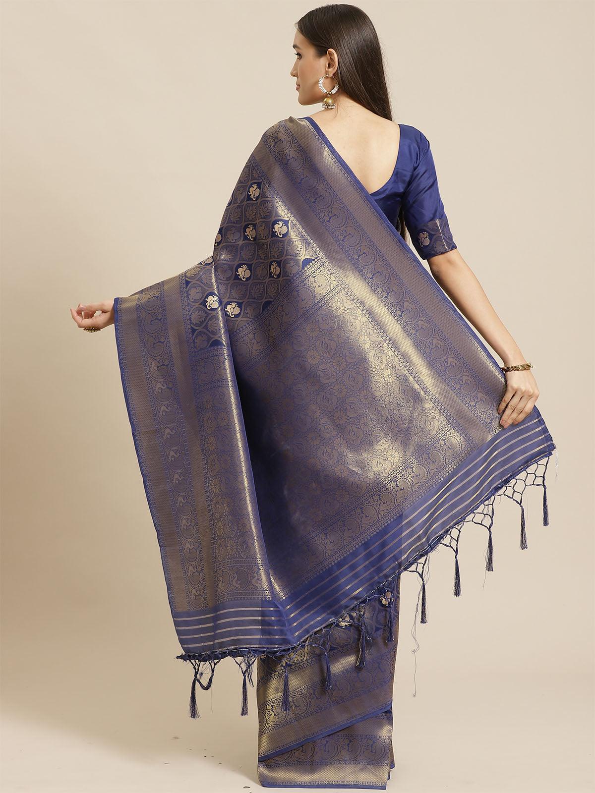 Women's Navy Blue Festive Silk Blend Woven Saree With Unstitched Blouse - Odette