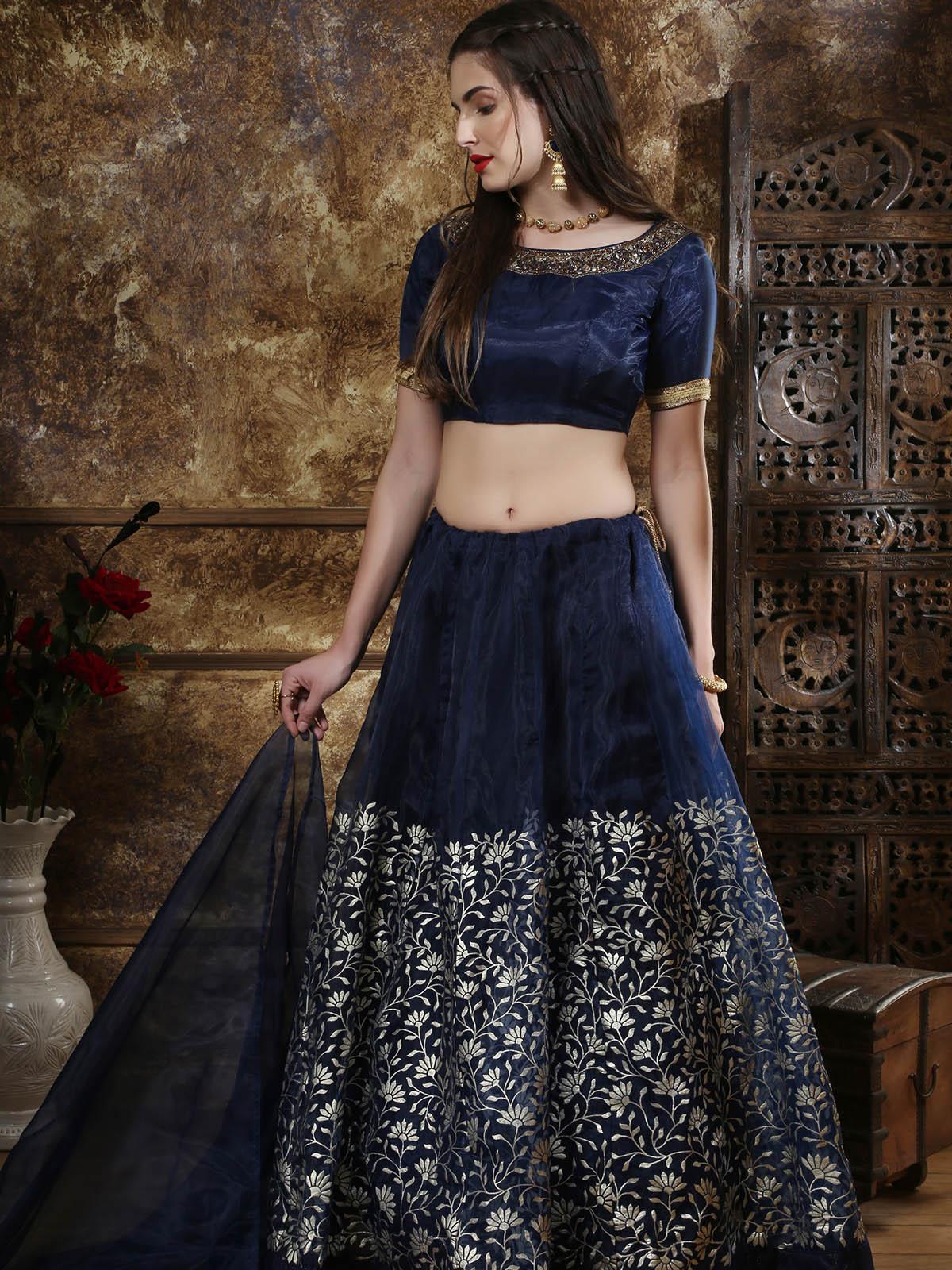 Women's Navy Blue Organza Embroidered Lehenga - Odette