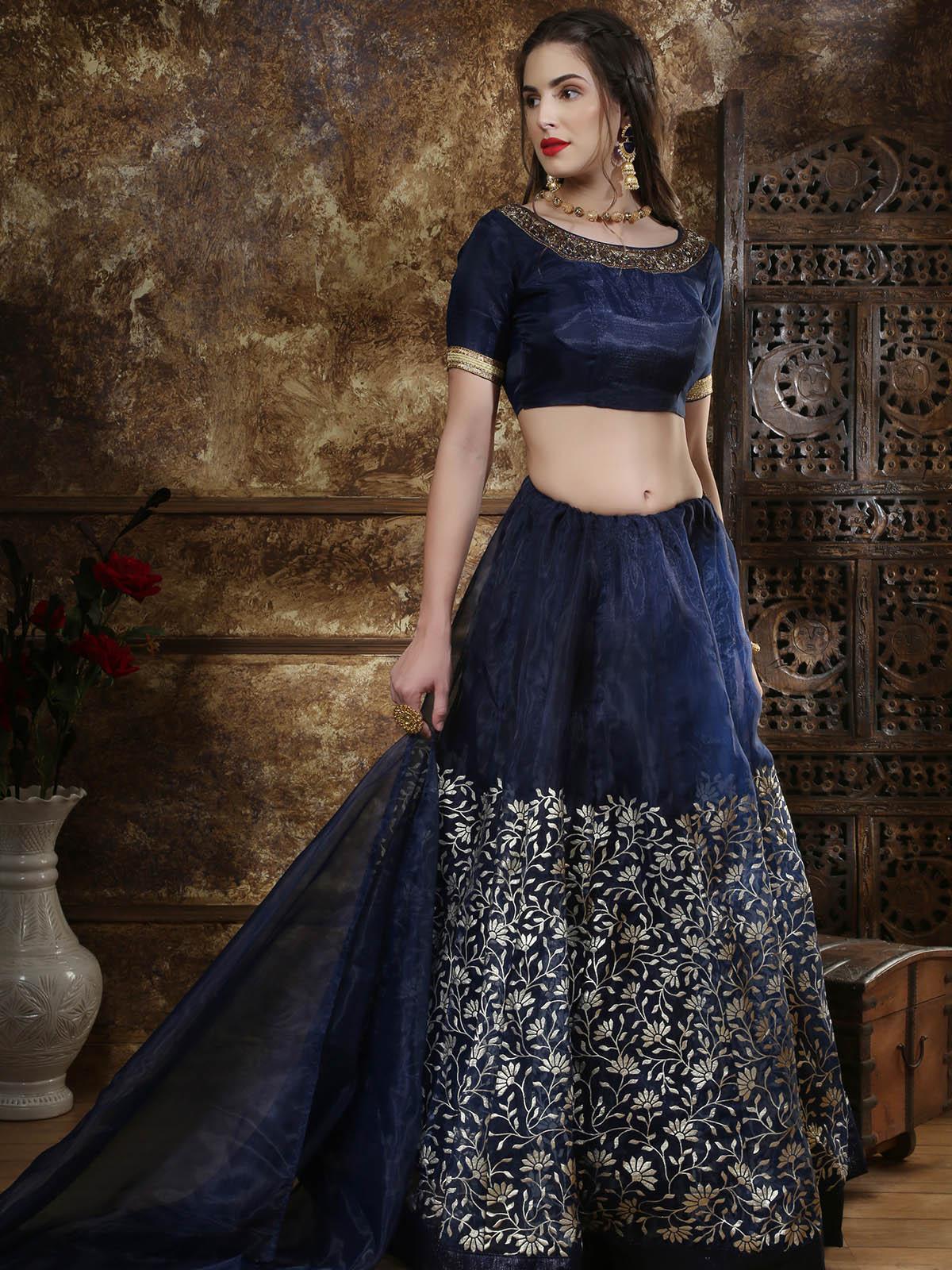 Women's Navy Blue Organza Embroidered Lehenga - Odette