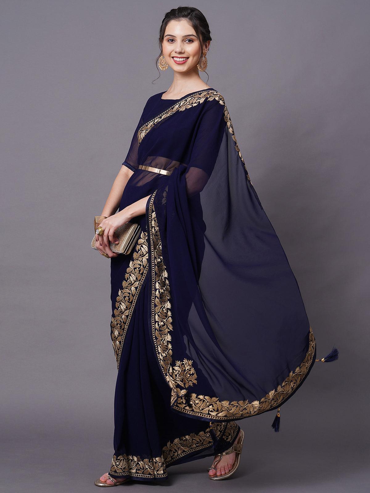 Women's Navy Blue Party Wear Georgette Embelished Saree With Unstitched Blouse - Odette