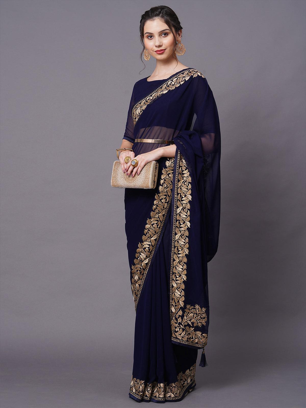 Women's Navy Blue Party Wear Georgette Embelished Saree With Unstitched Blouse - Odette