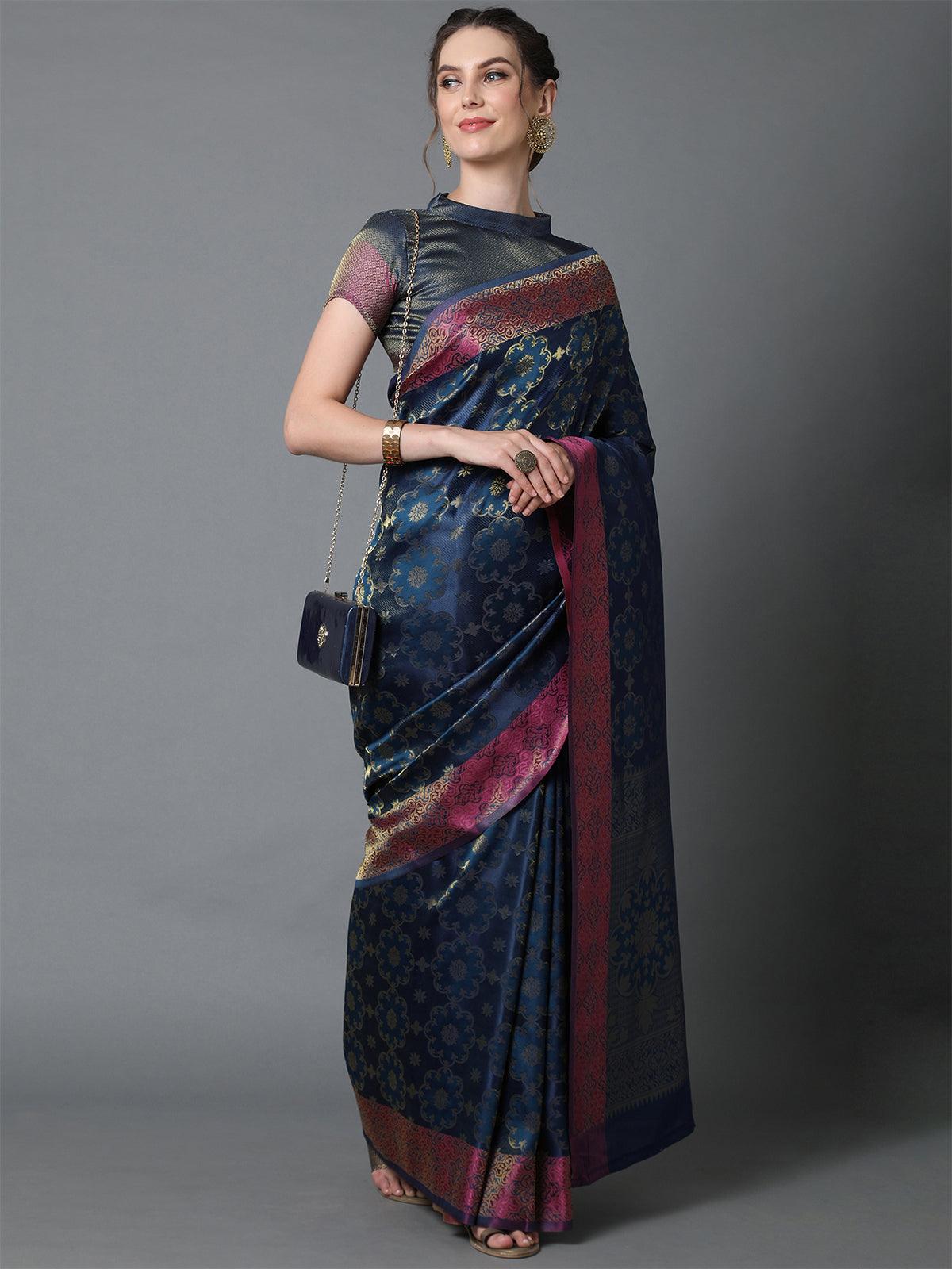 Women's Navy Blue Party Wear Pure Satin Woven Design Saree With Unstitched Blouse - Odette