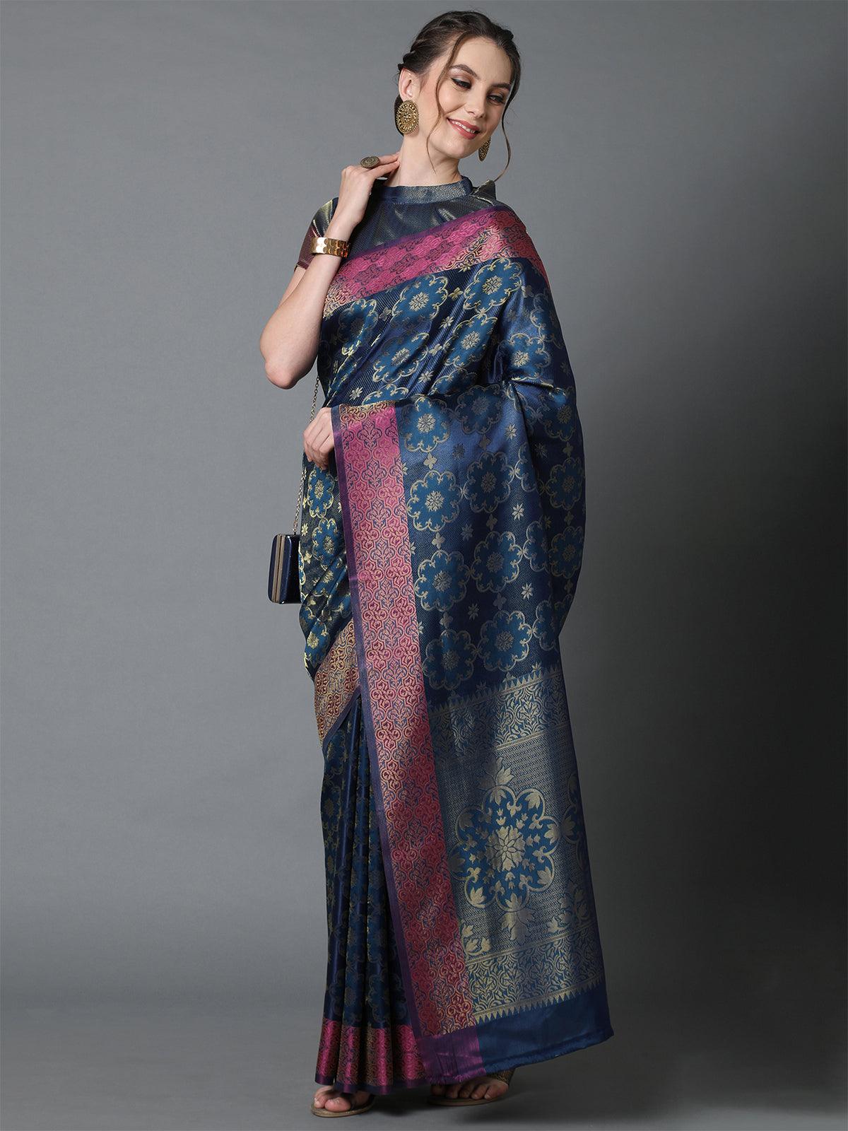 Women's Navy Blue Party Wear Pure Satin Woven Design Saree With Unstitched Blouse - Odette