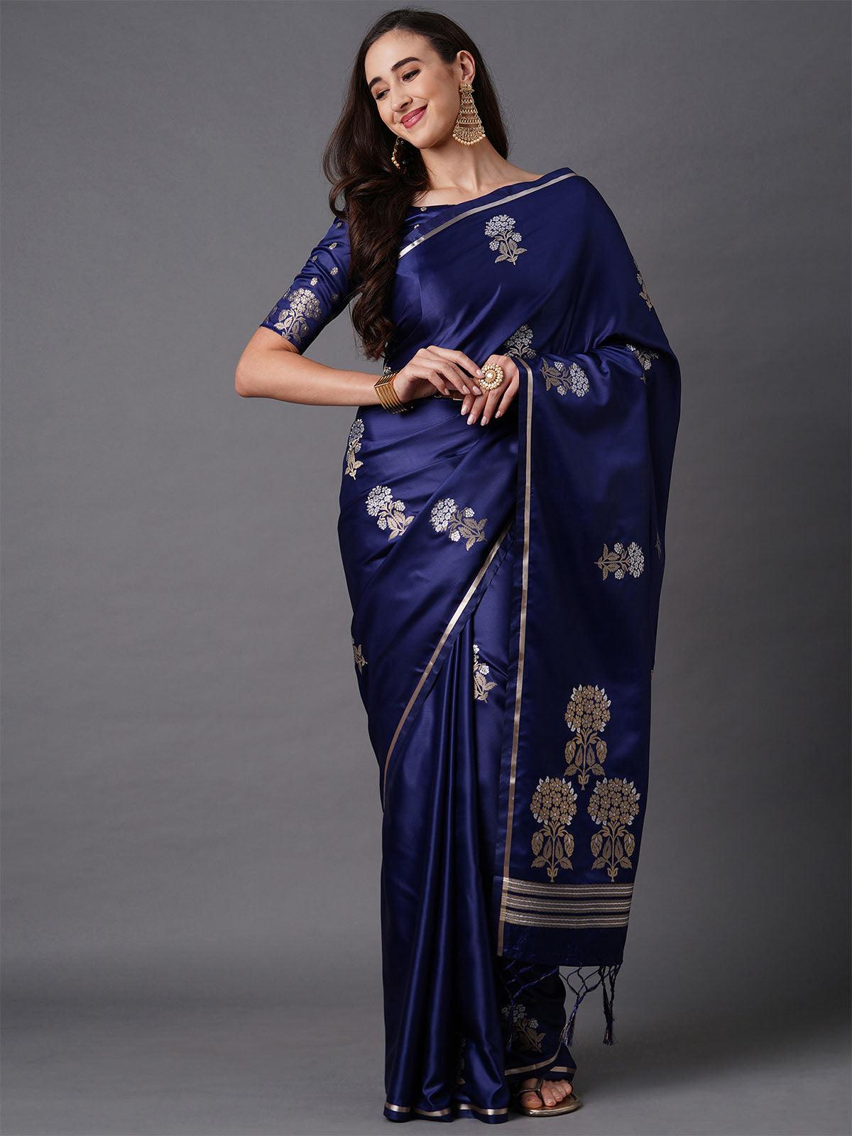 Women's Navy Blue Party Wear Silk Blend Woven Design Saree With Unstitched Blouse - Odette