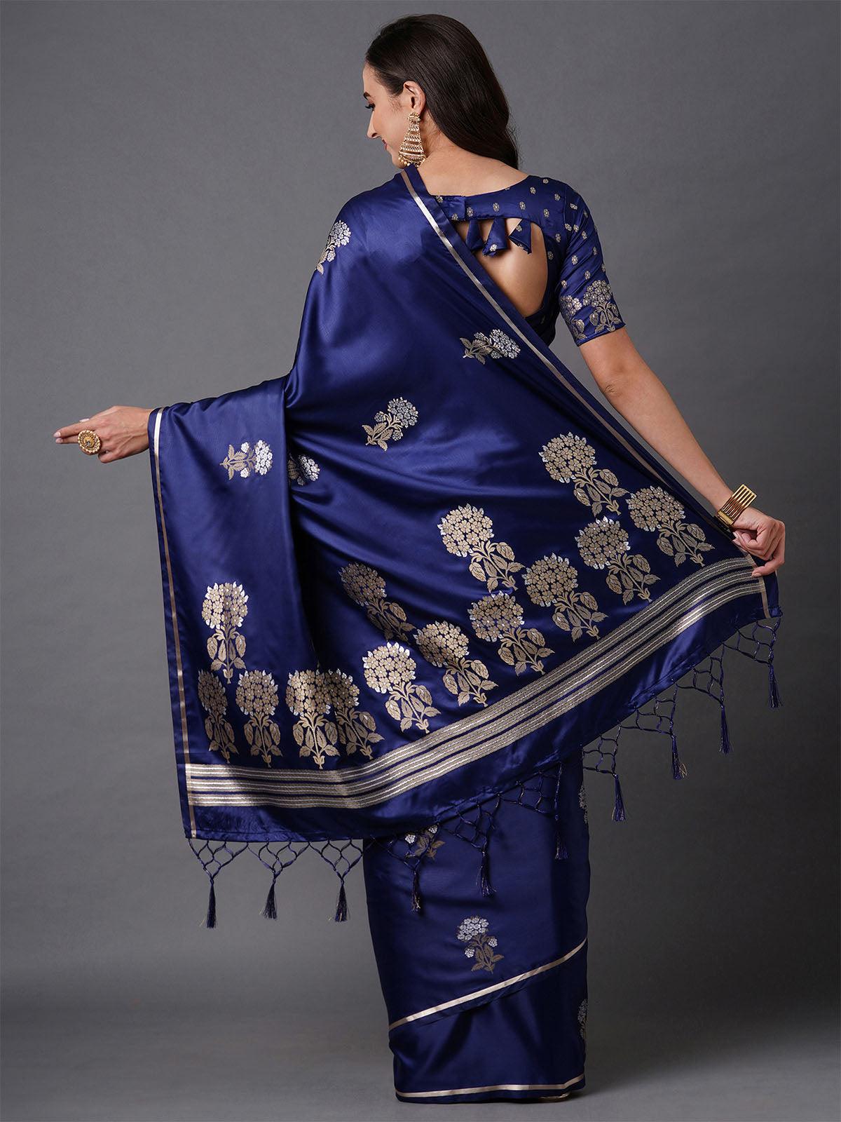 Women's Navy Blue Party Wear Silk Blend Woven Design Saree With Unstitched Blouse - Odette