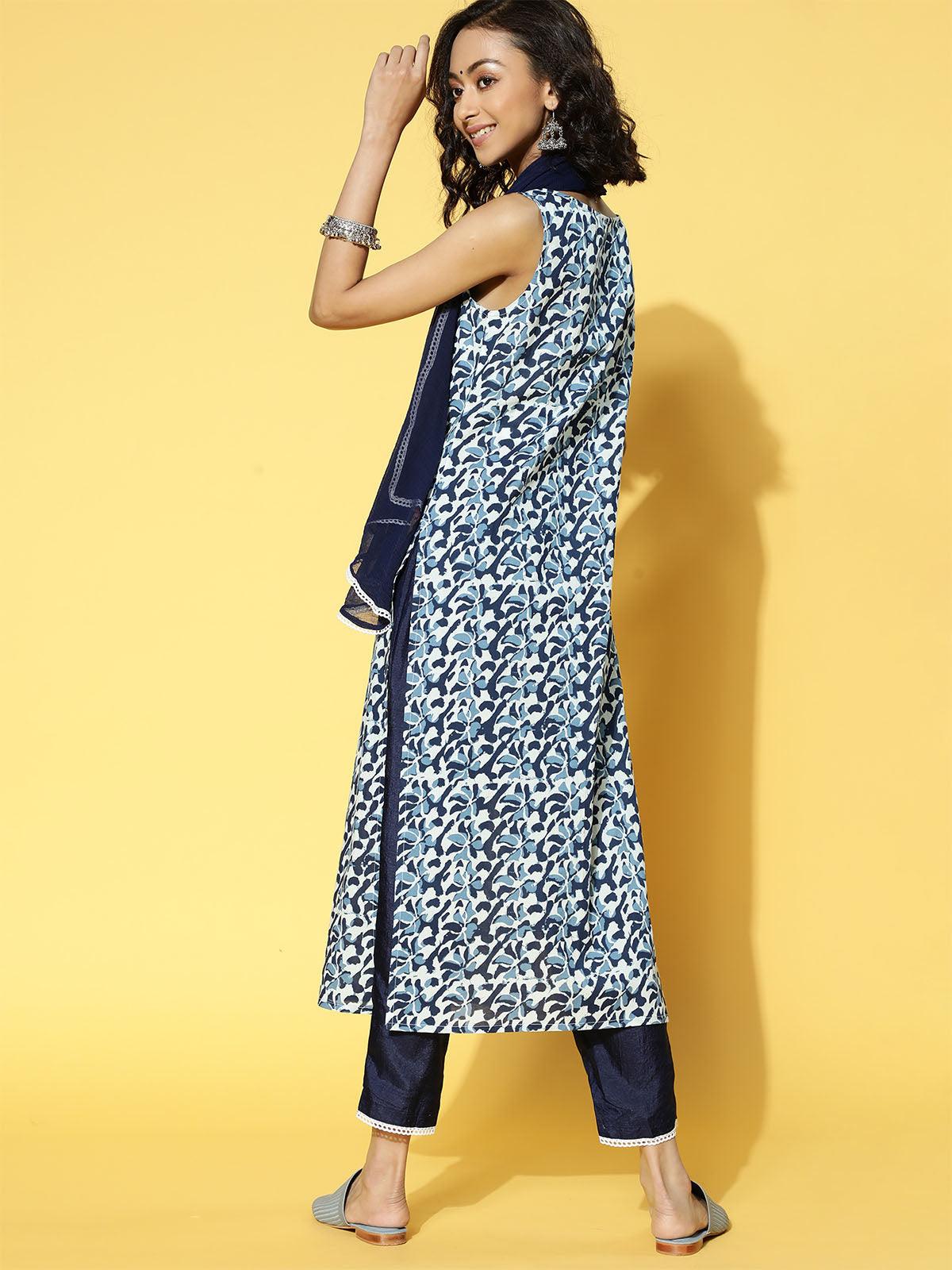 Women's Navy Blue Printed Straight Kurta Trouser With Dupatta Set - Odette