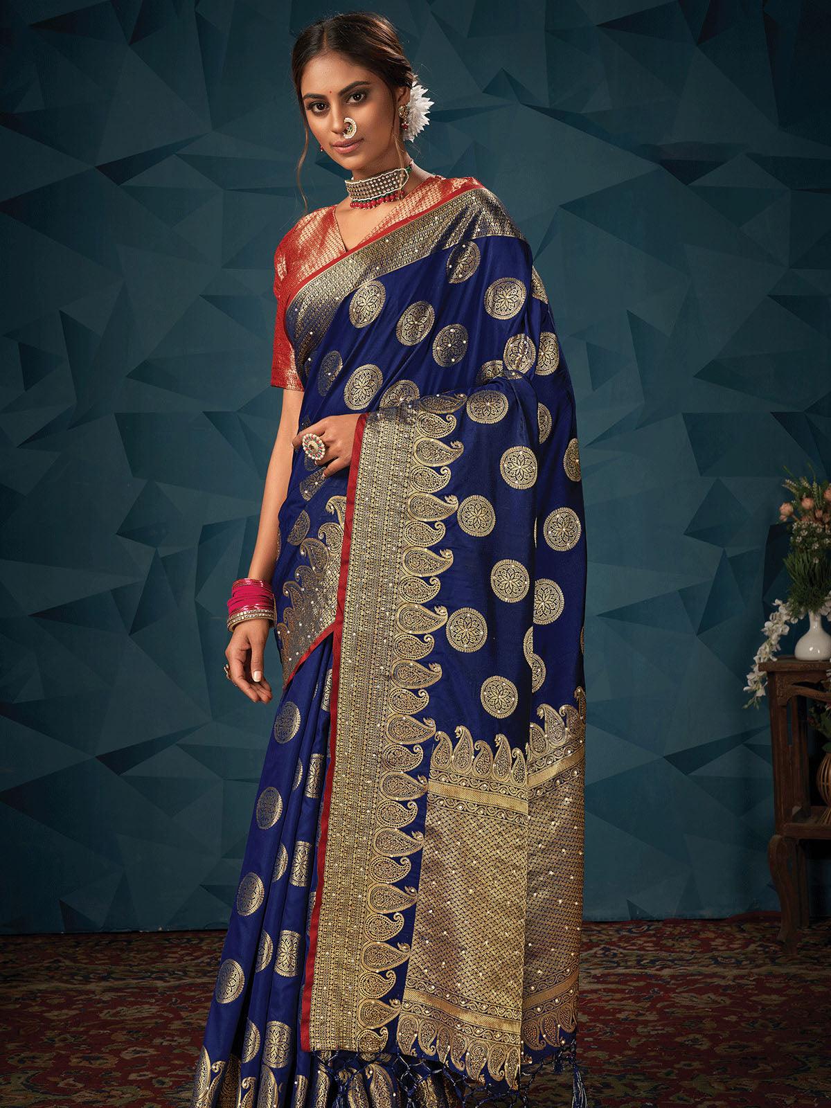 Women's Navy Blue Silk Weave Designer Saree - Odette