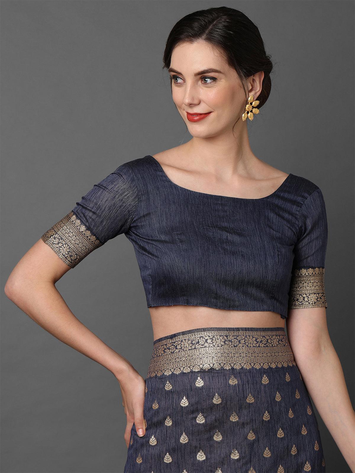 Women's Navy Blue Wedding Silk Blend Woven Design Saree With Unstitched Blouse - Odette