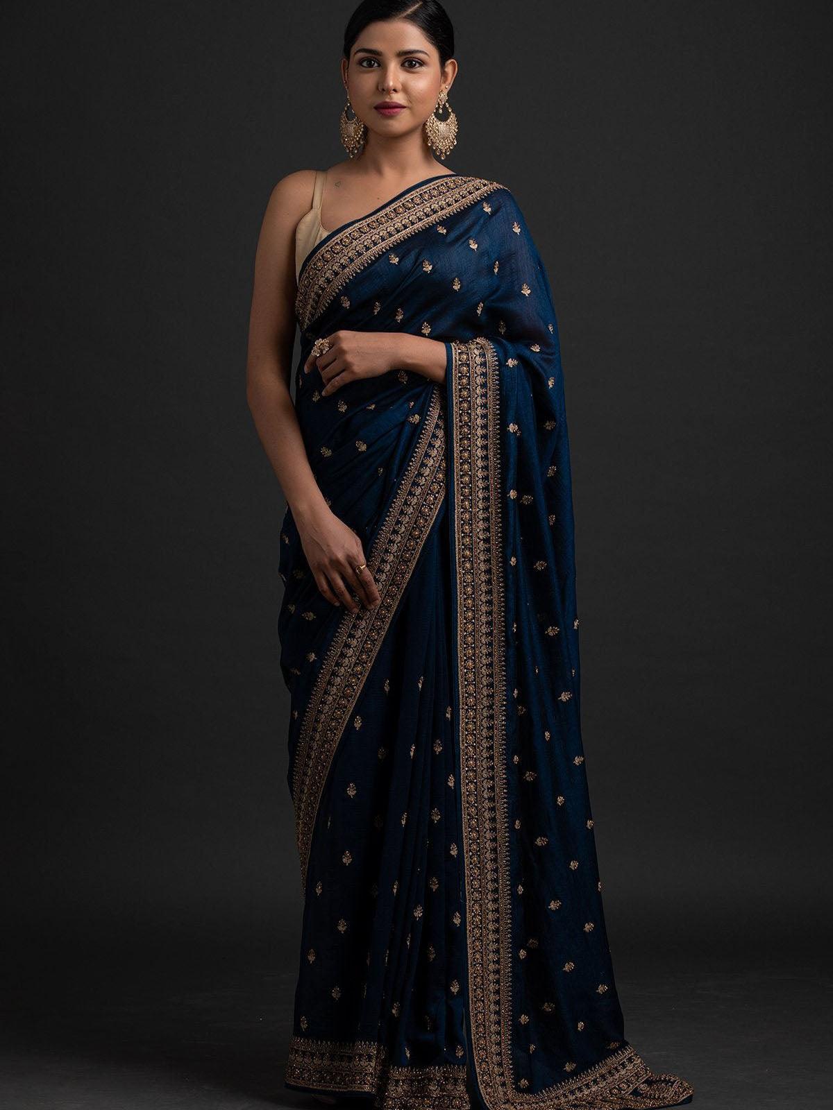 Women's Navy Blue Beautifully Embroidered Wedding Saree - Odette