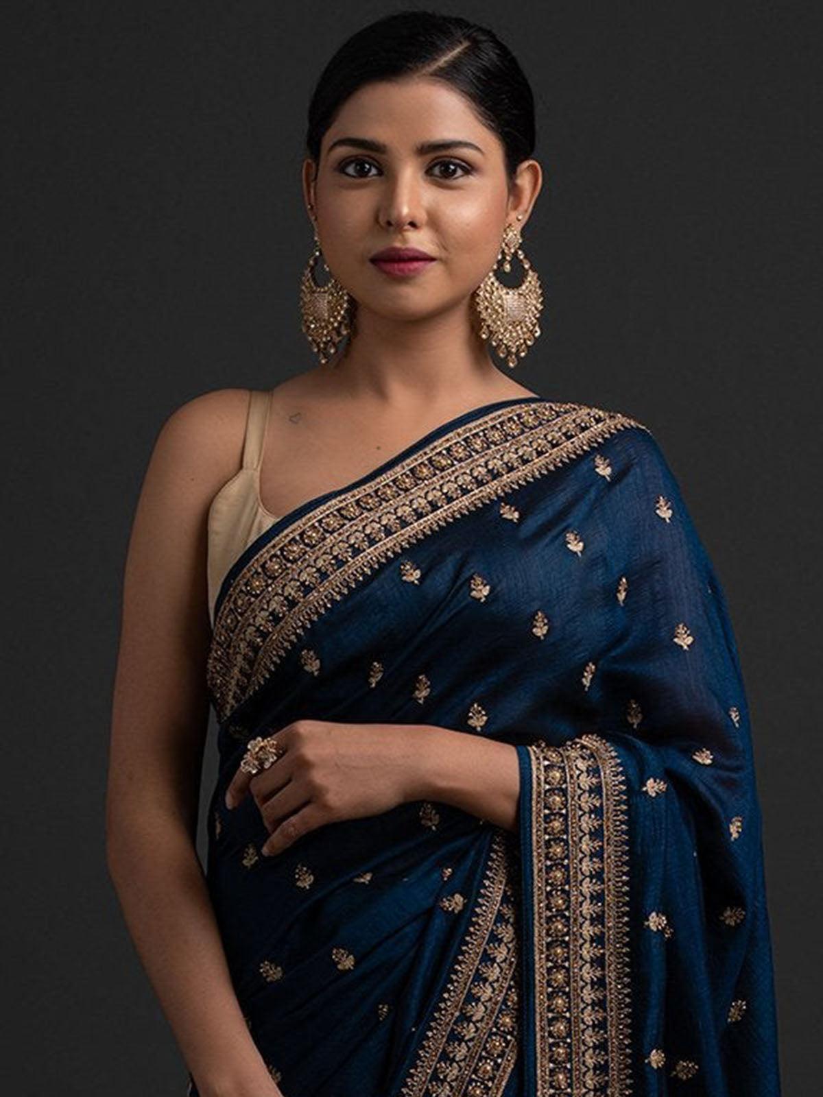 Women's Navy Blue Beautifully Embroidered Wedding Saree - Odette