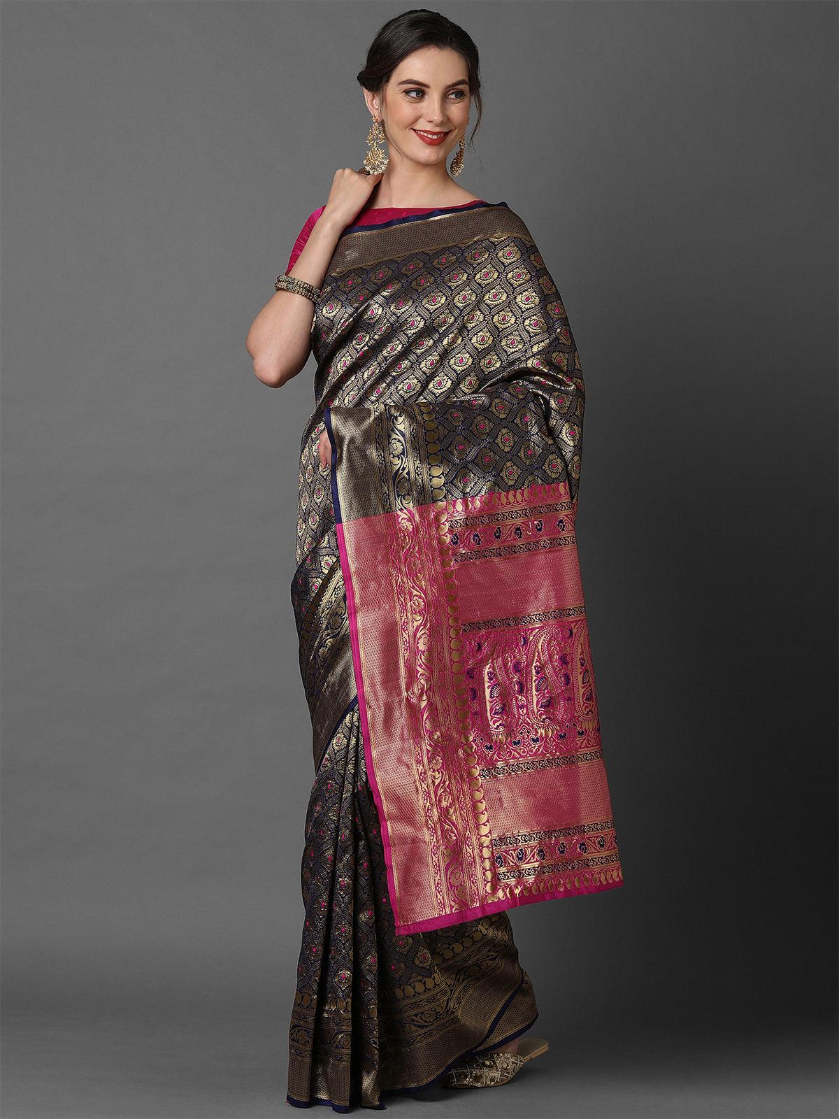 Women's Nevy Blue & Pink Wedding Silk Blend Woven Design Saree With Unstitched Blouse - Odette