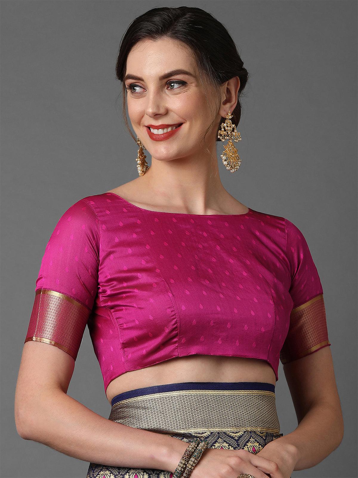 Women's Nevy Blue & Pink Wedding Silk Blend Woven Design Saree With Unstitched Blouse - Odette