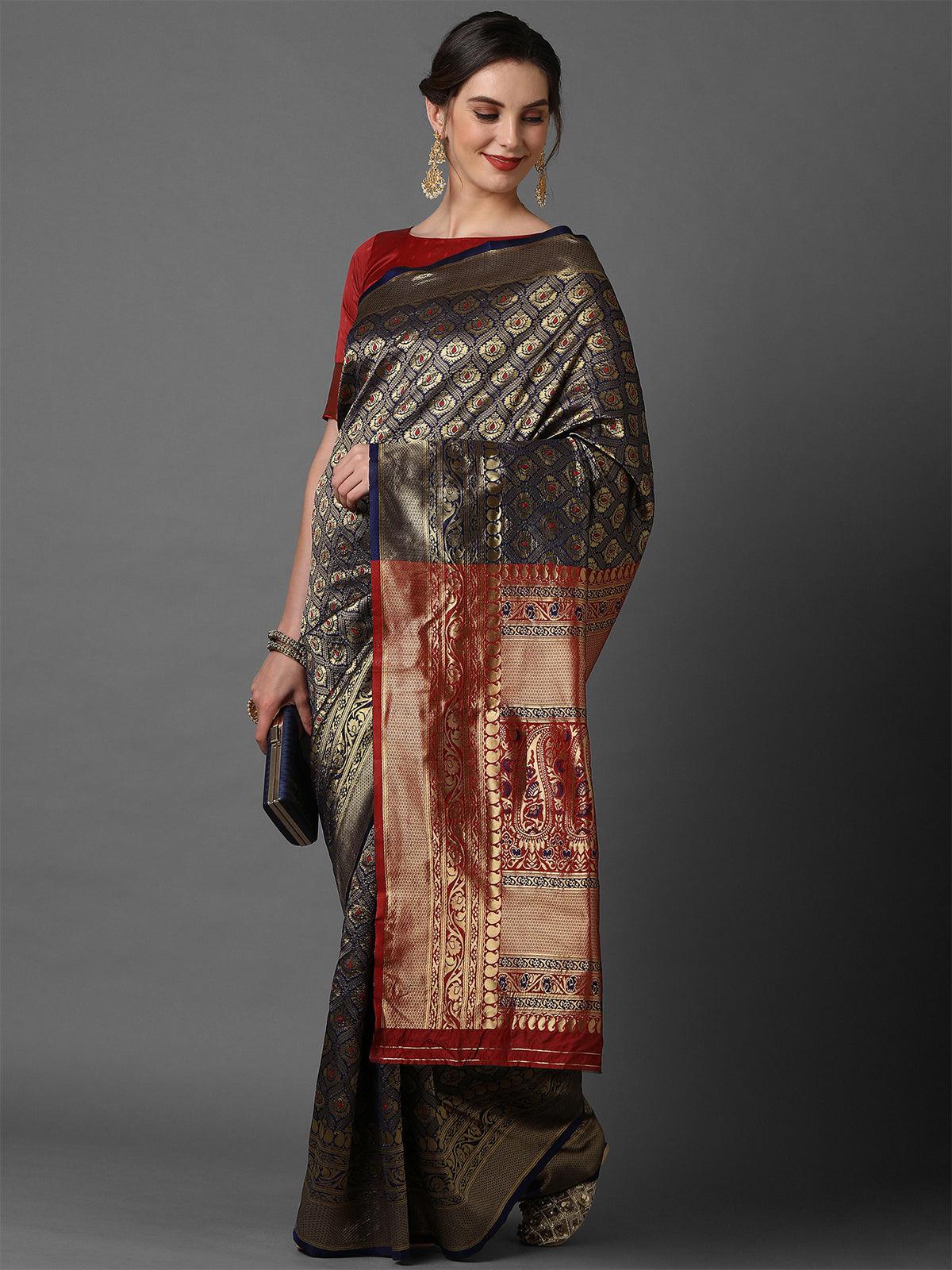 Women's Nevy Blue & Red Wedding Silk Blend Woven Design Saree With Unstitched Blouse - Odette