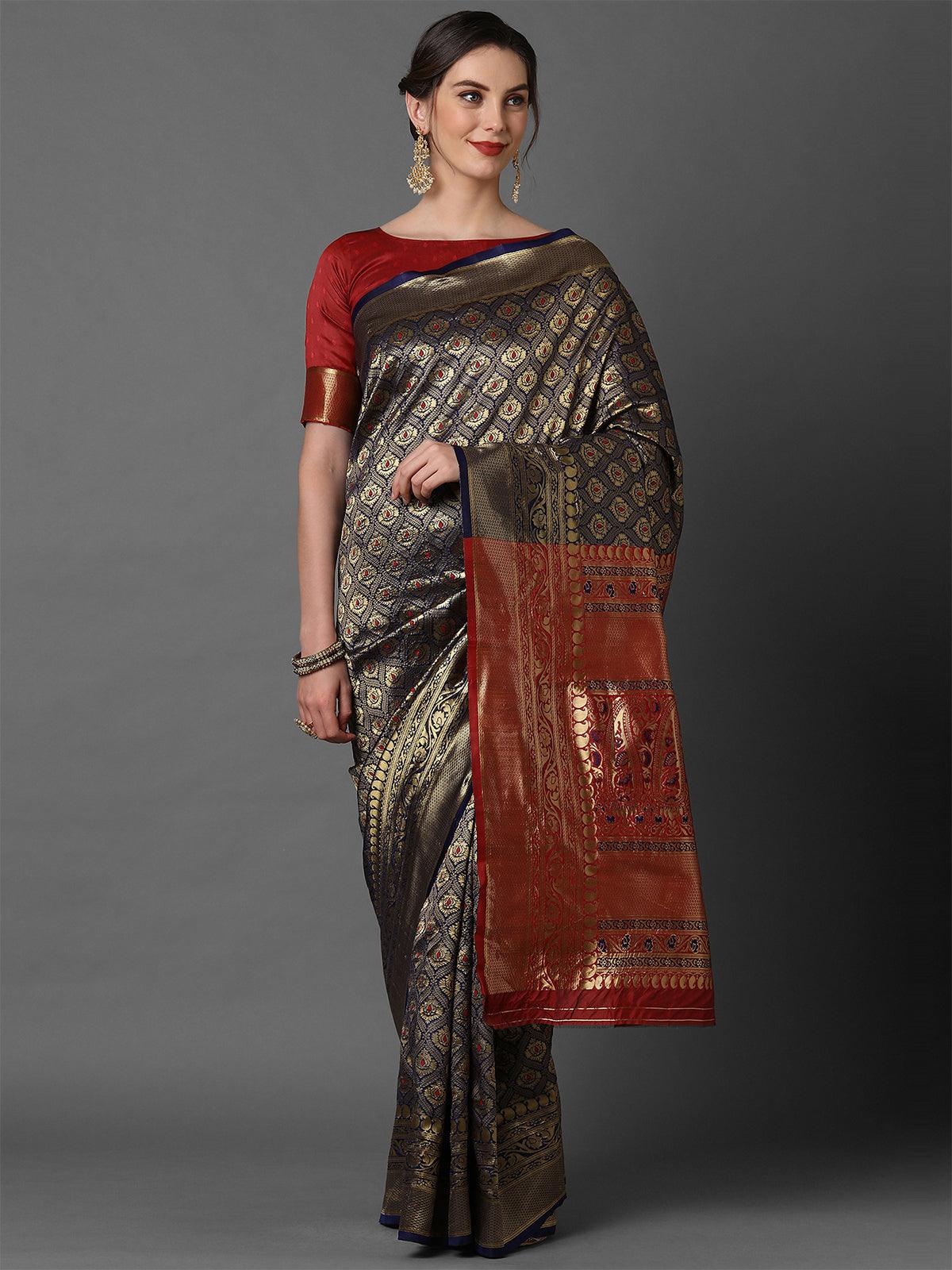 Women's Nevy Blue & Red Wedding Silk Blend Woven Design Saree With Unstitched Blouse - Odette