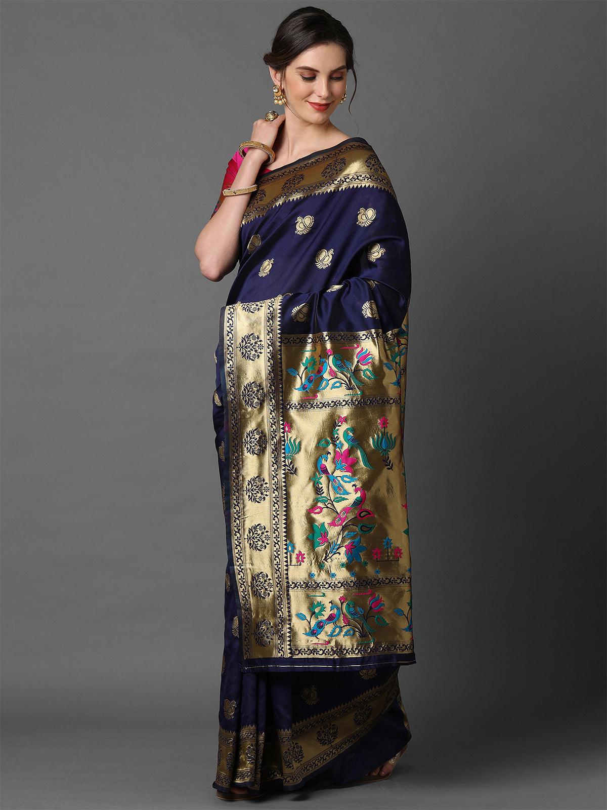 Women's Nevy Blue Wedding Silk Blend Woven Design Saree With Unstitched Blouse - Odette