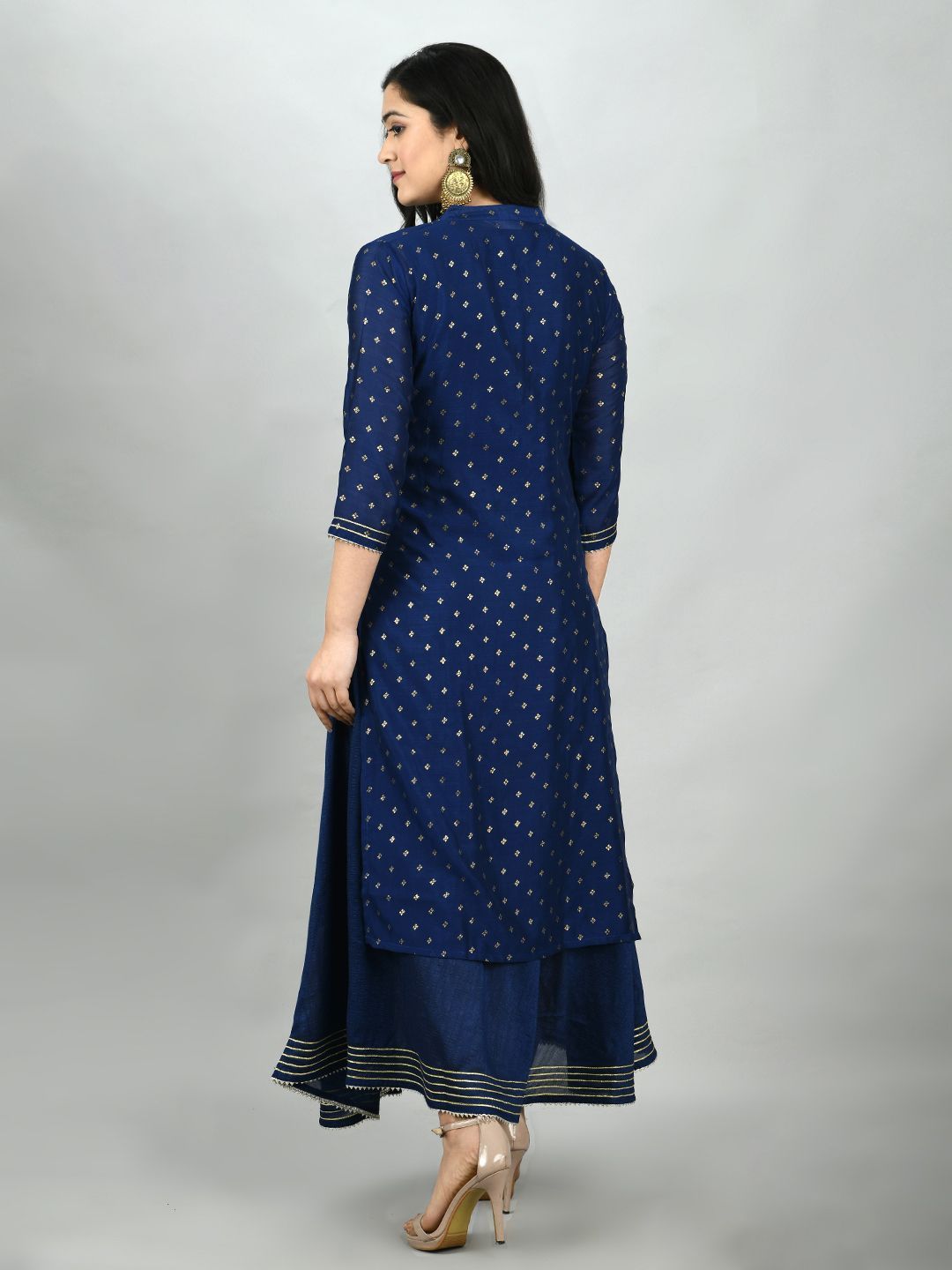 Women's Navy Blue Georgette Printed 3/4 Sleeve Mandarin Neck Casual Kurta Cammy Set - Myshka