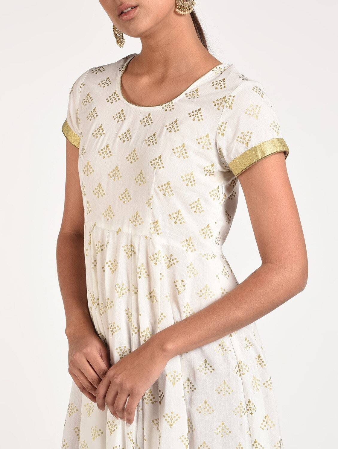 Women's Off-White Cotton Beautiful Gold Print Back Dori Latkan Anarkali Kurta Only - Cheera