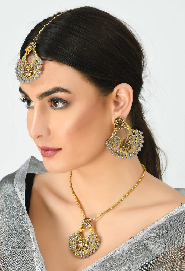 Kamal Johar Grey Color Pearls Necklace with Earrings & Tikka Mangal