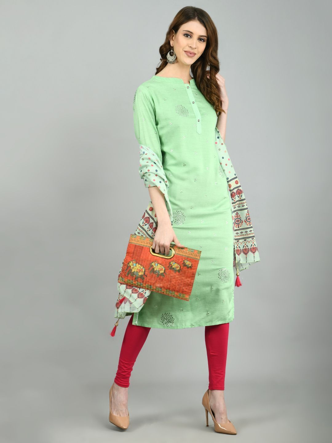 Women's Green Cotton Printed 3/4 Sleeve Mandarin Neck Casual Kurta Dupatta Set - Myshka