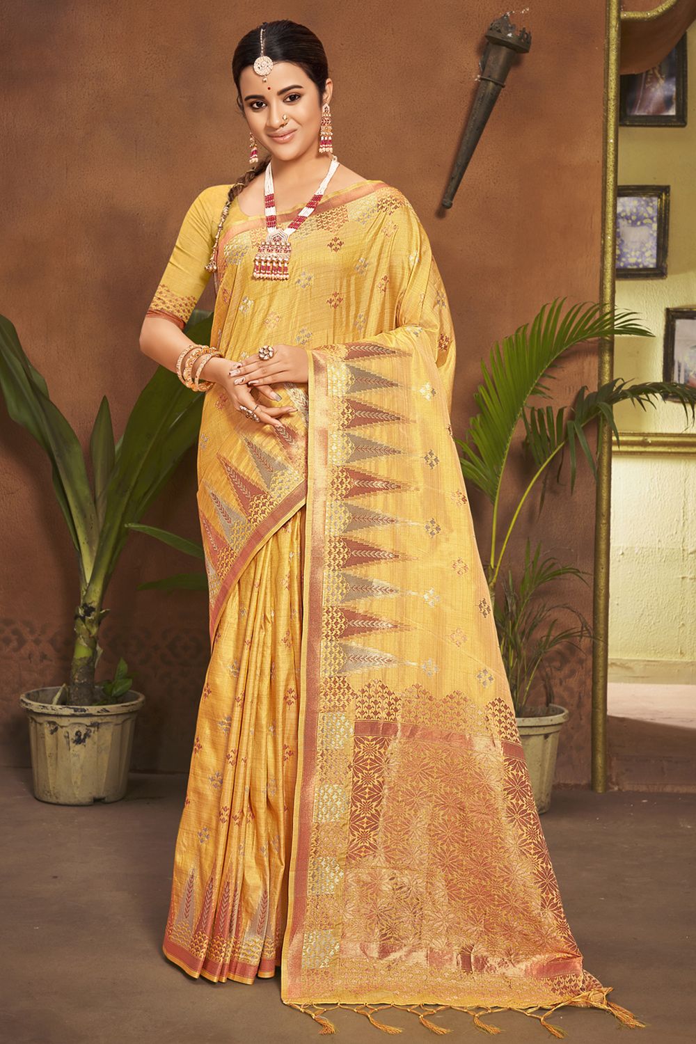 Women's Yellow Silk Woven Zari Work Traditional Tassle Saree - Sangam Prints
