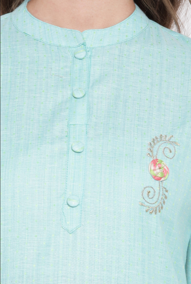 Women's Embroidered/Solid Straight Cotton Sky Blue Kurta (1Pc) - Vbuyz