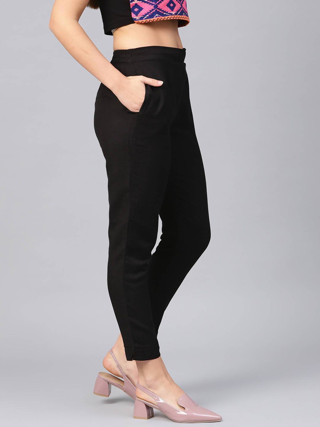 Women's Black Rayon Solid Straight Pants - Juniper