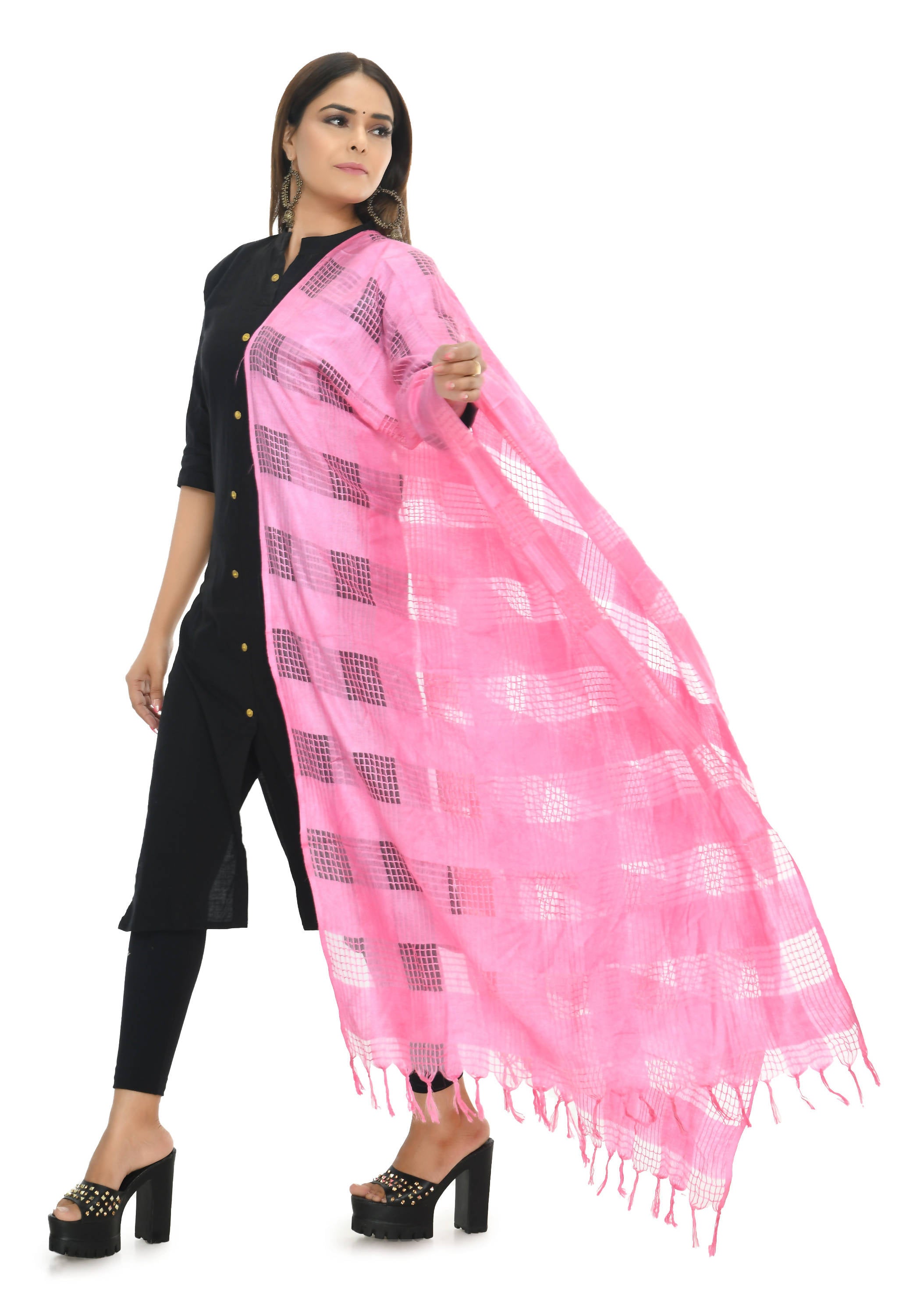 Women's Baby Pink Window Design Cotton Dupatta Mfd0017 - Moeza