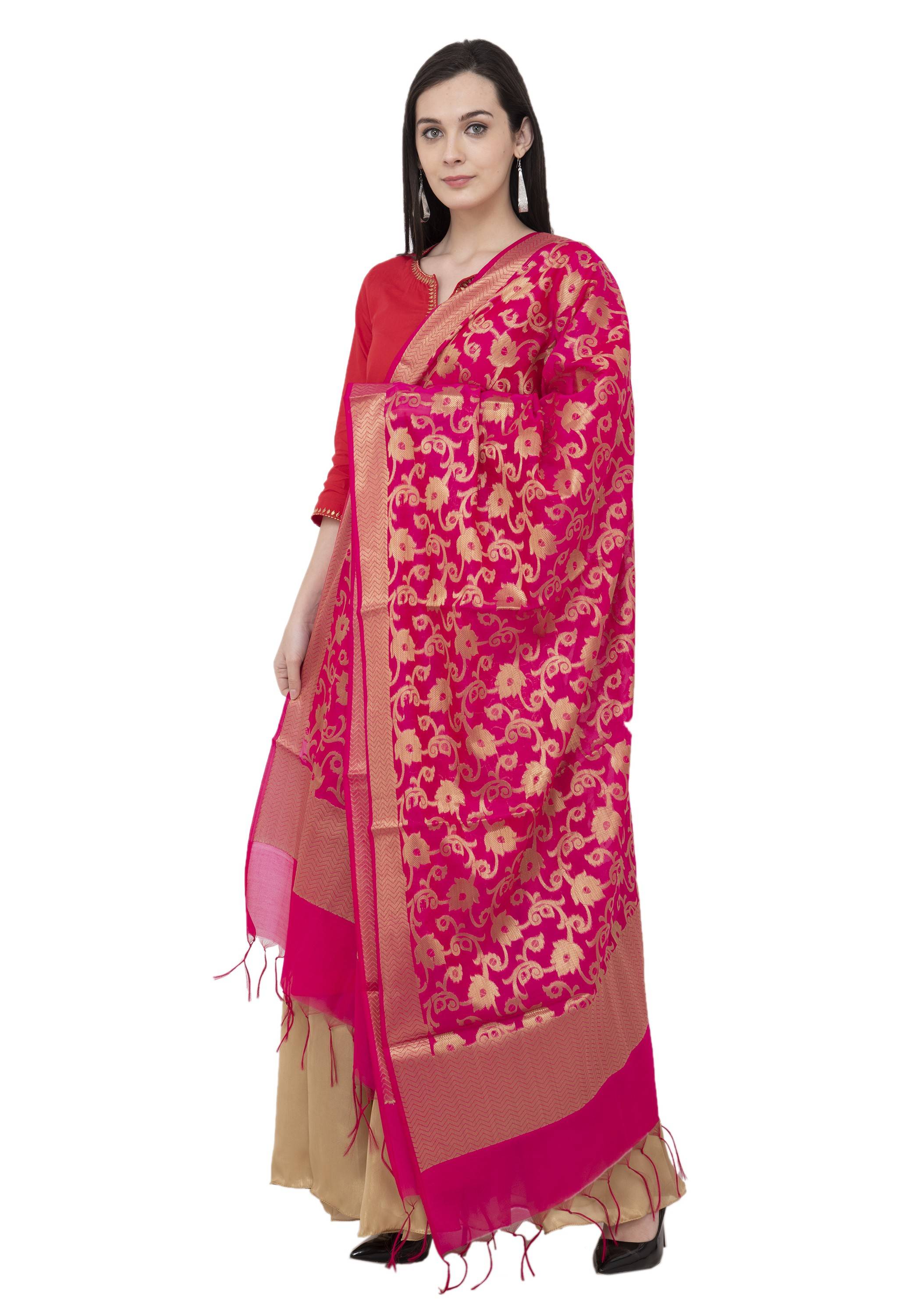 A R Silk VNS Jaal Fancy Dupatta Color Rani Dupatta or Chunni