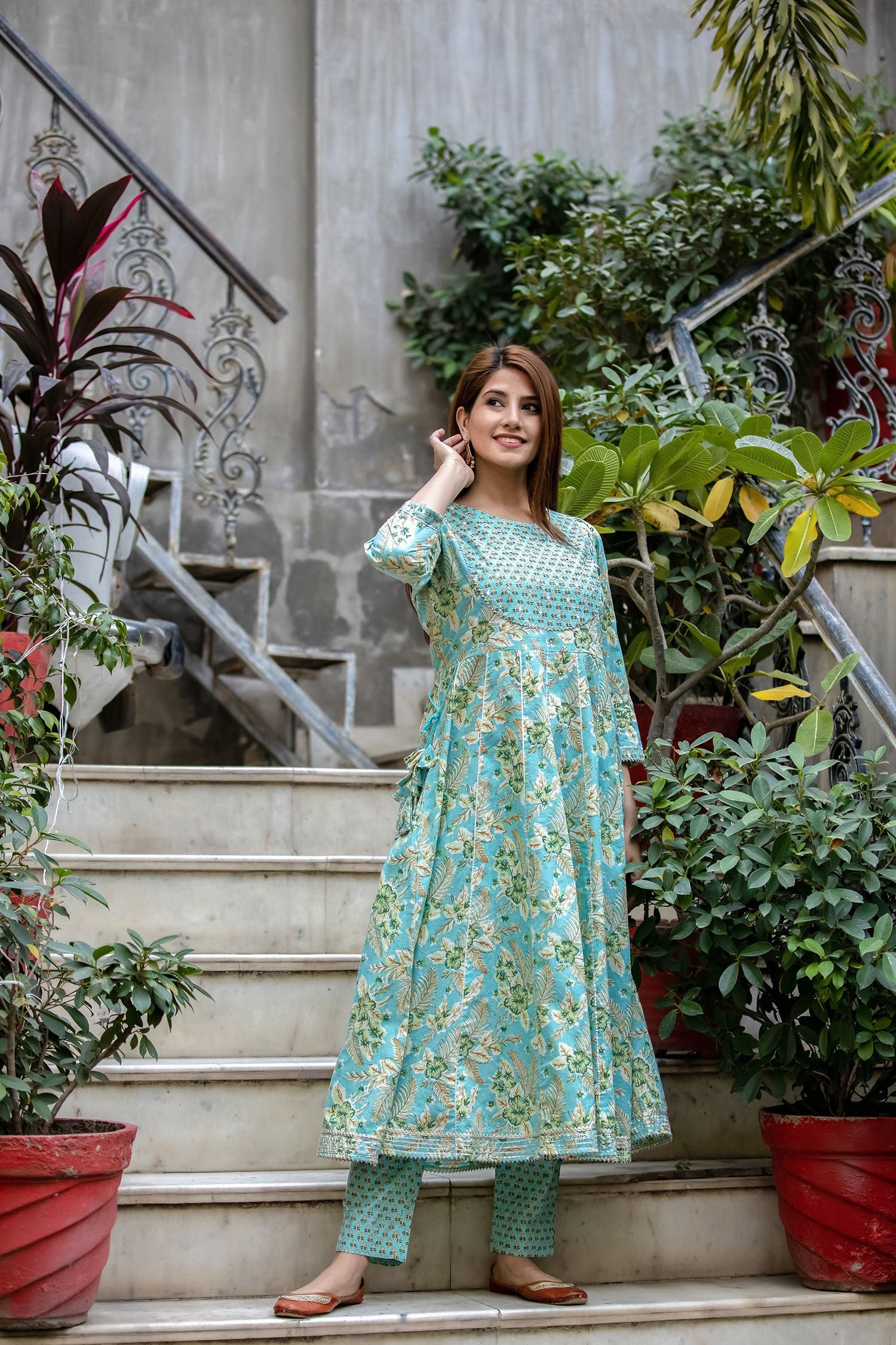 Women's Green Anarkali Suit Set with Pants & Dupatta by KAAJH- (3pcs set)
