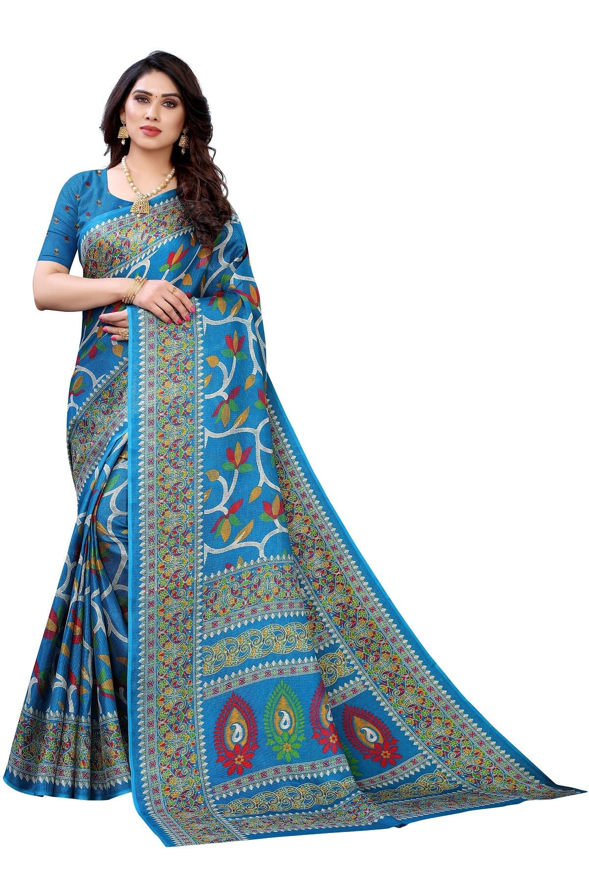 Women's Printed Jute Silk Blue Saree - Vamika