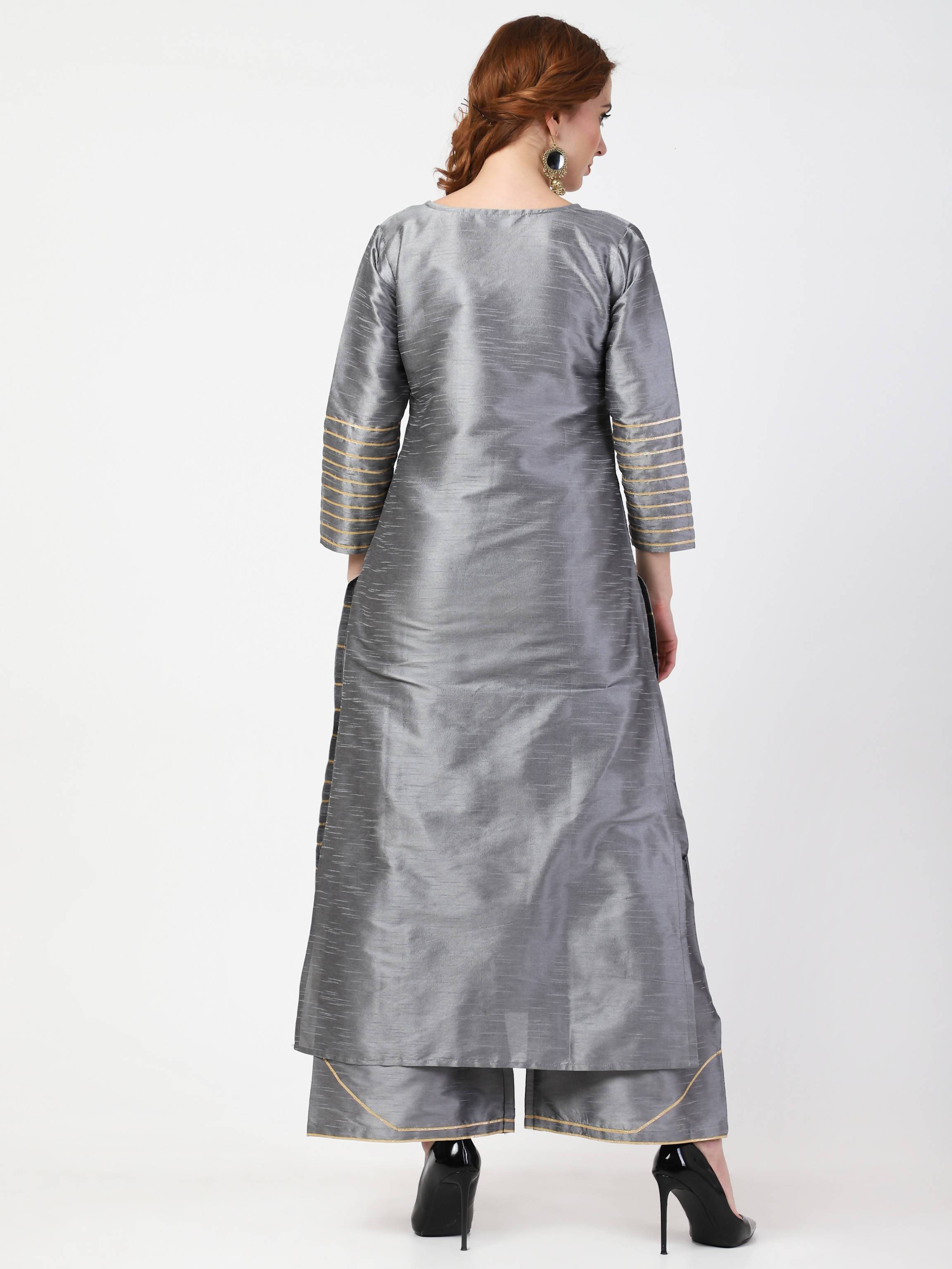 Women's Grey Kurta With Palazzo & Embroidered Dupatta Set - Cheera