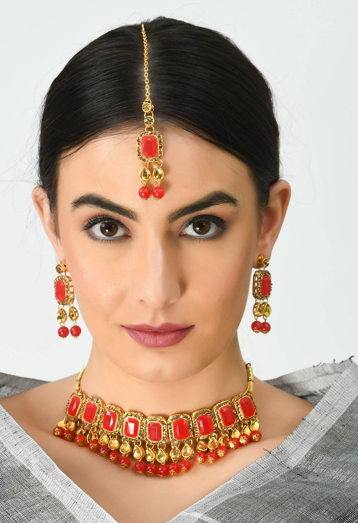 Kamal Johar Gold-Plated Red Color Stone & Pearls Necklace with Earrings ,