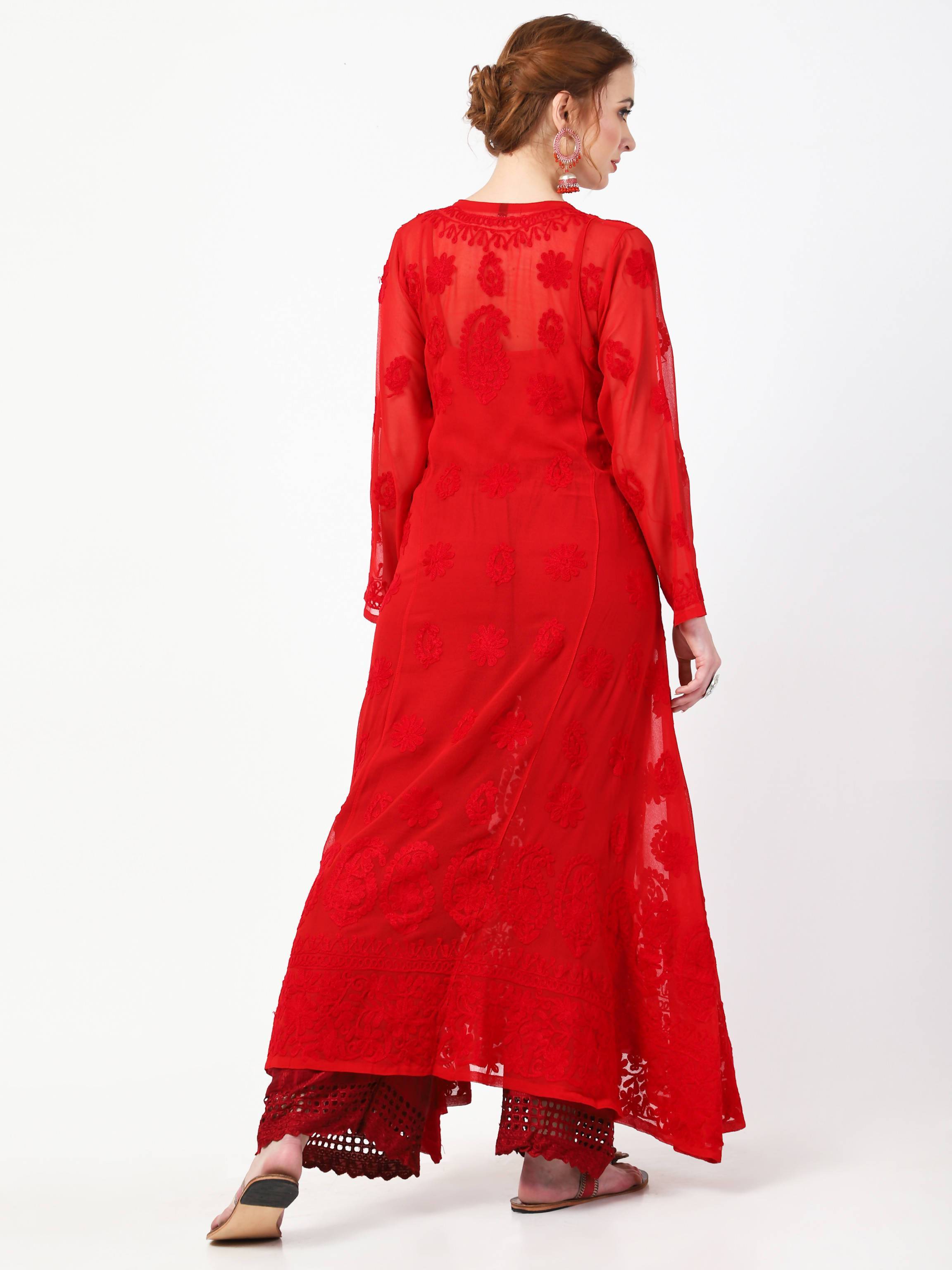 Women's Red Chiffon Chikankari Anarkali Long Kurta Dress - Cheera