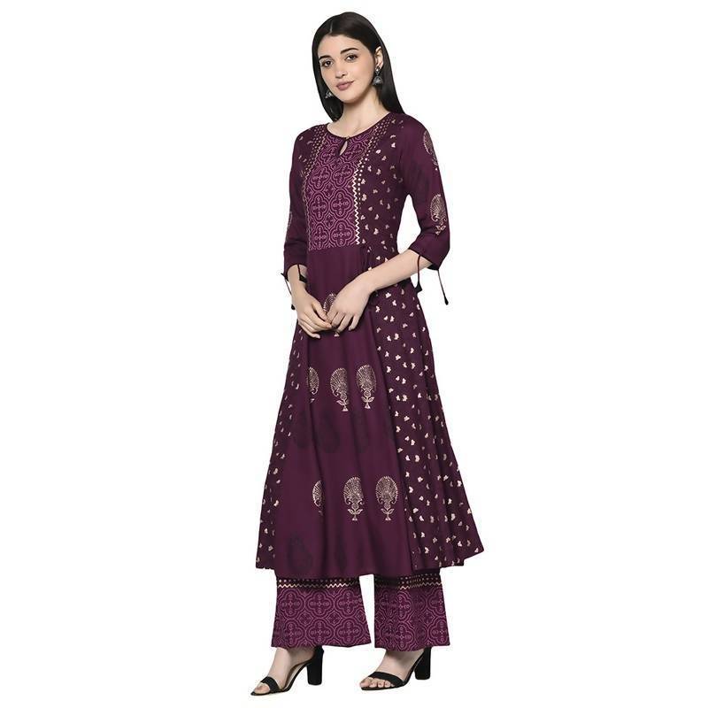 Women's Wine Rayon Block print Anarkali kurta