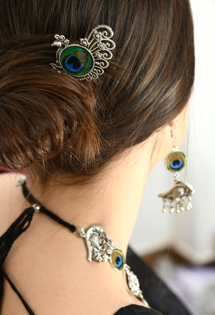 Johar Kamal Oxidised Silver-Plated Peacock design Necklace with Ear
