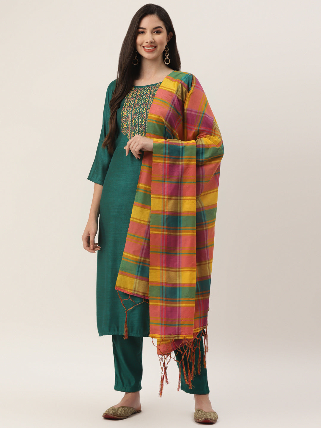 Women's Green Rayon Blend Embroidered Straight Kurta Trouser Set With Dupatta - VAABA