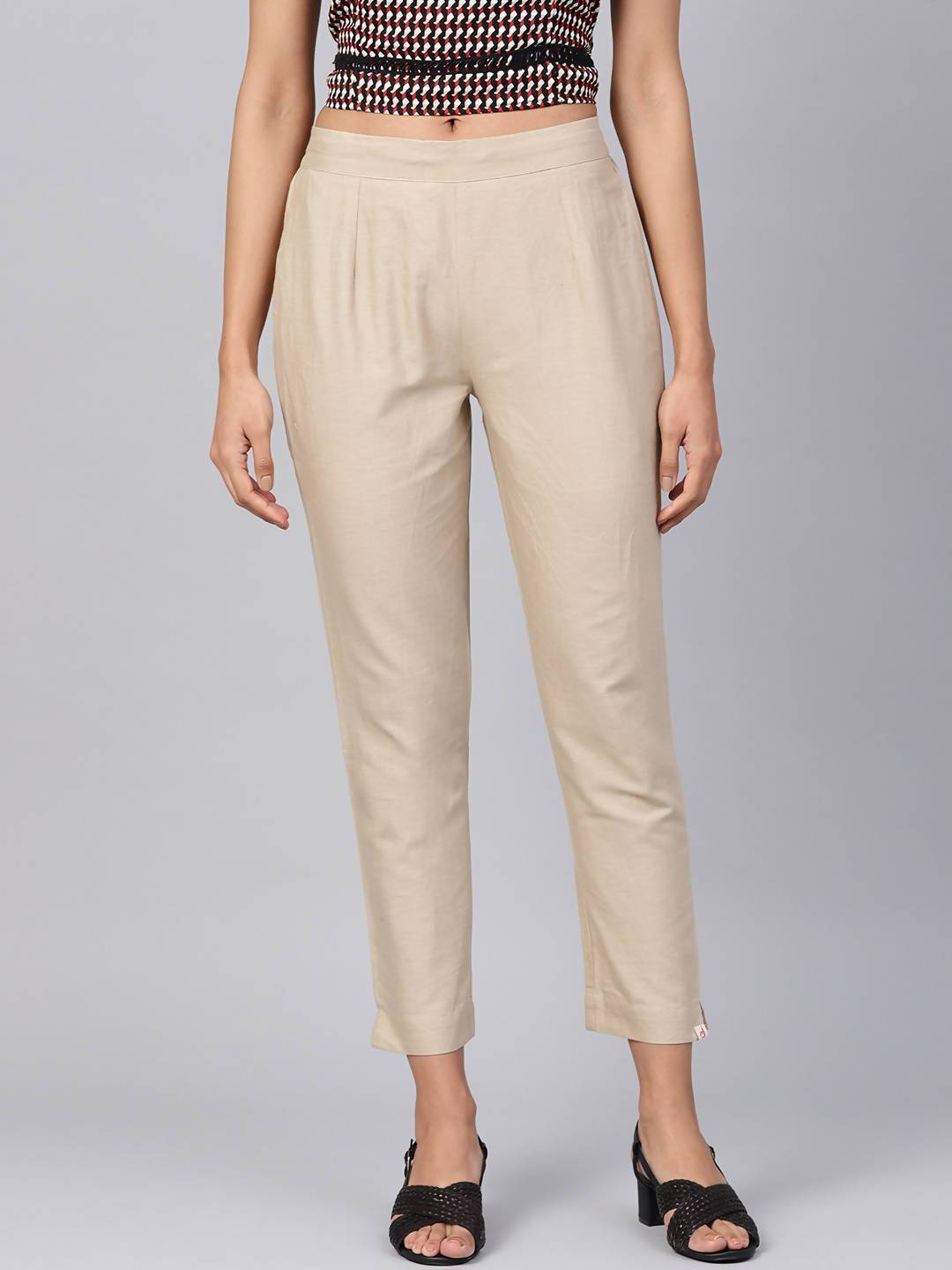 Buy_Women's_Sandgrey_Cotton_Solid_Straight_Pants_Online_Trendia