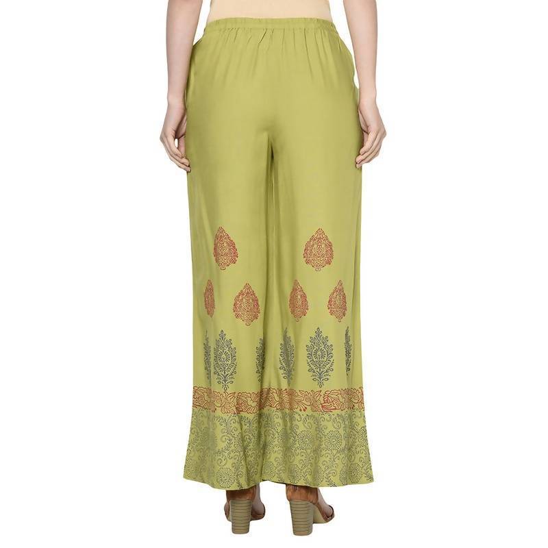 Women's Parrot Green Rayon Block Print Flared slip-on Palazzo