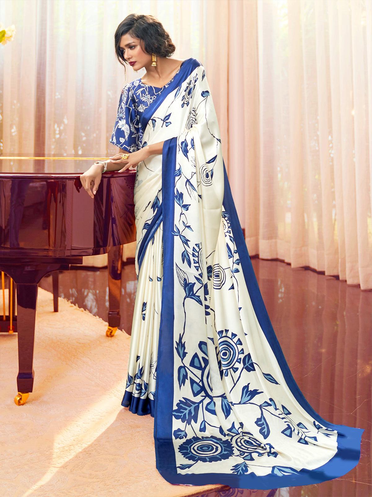 Women's Off White & Blue Festive Crepe Printed Saree With Unstitched Blouse - Odette