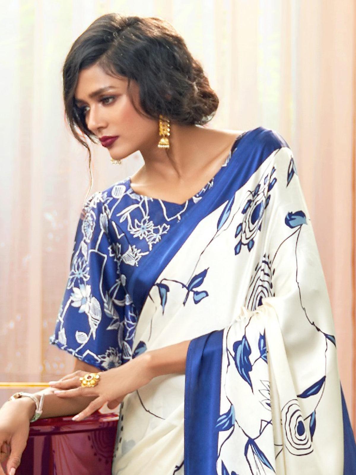 Women's Off White & Blue Festive Crepe Printed Saree With Unstitched Blouse - Odette