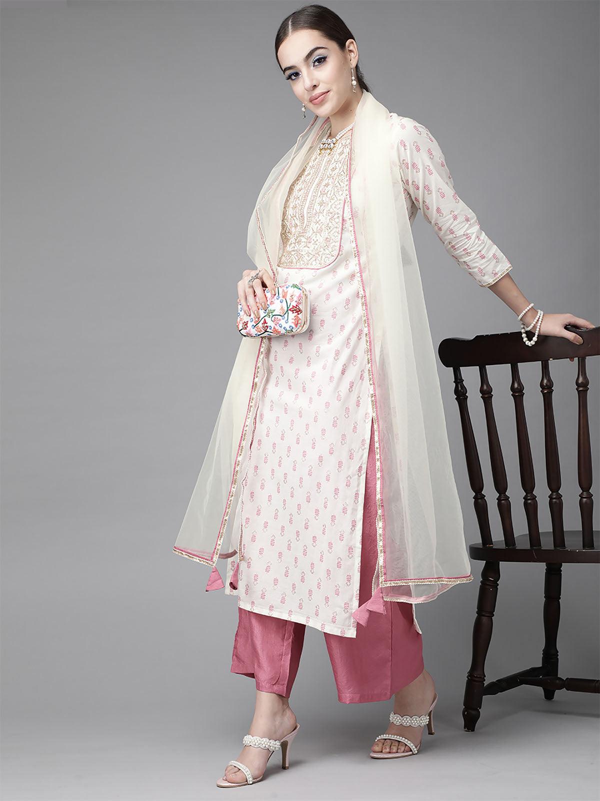 Women's Off White And Pink Embroidered Straight Kurta Palazzo With Dupatta Set - Odette