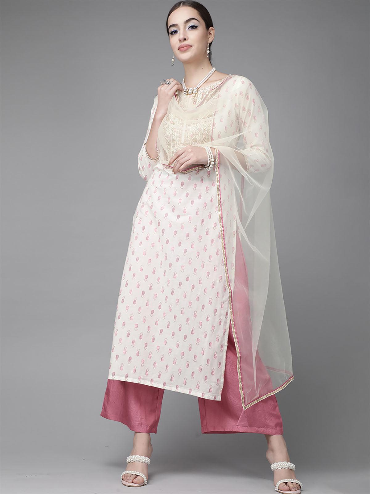 Women's Off White And Pink Embroidered Straight Kurta Palazzo With Dupatta Set - Odette