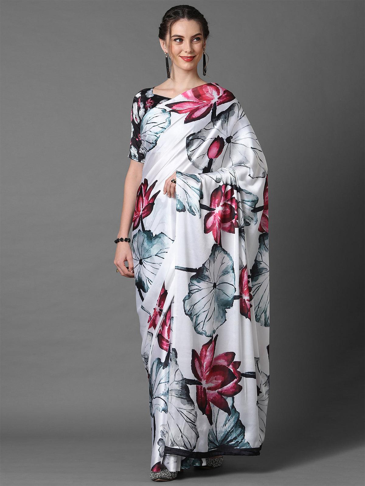 Women's Off White Casual Crepe Printed Saree With Unstitched Blouse - Odette