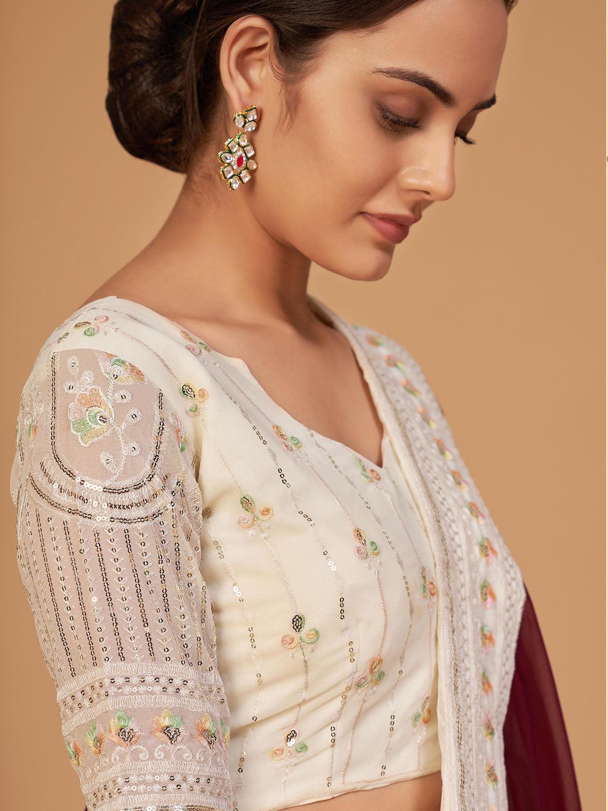 Women's Off White Elegant Embroidered Lehenga Choli Sets - Odette